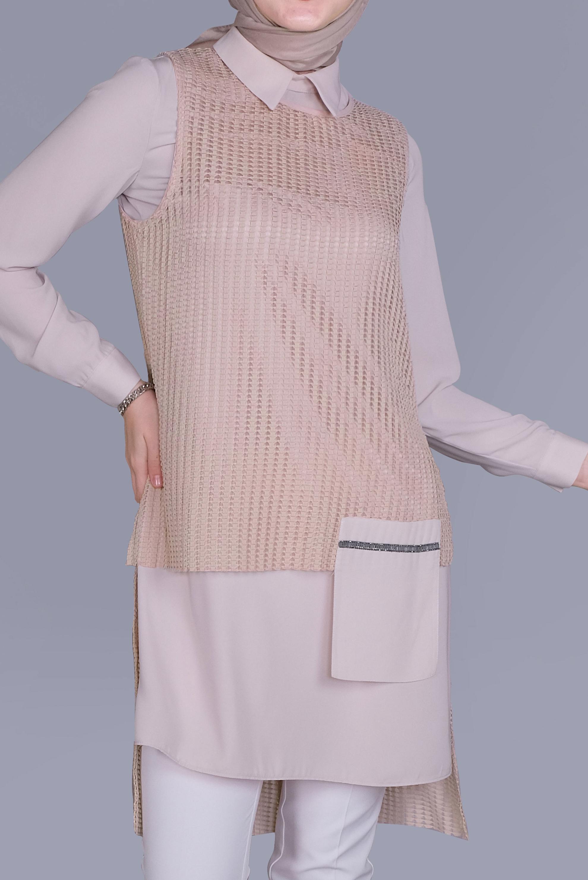 Tesettür giyim BEJ CEP DETAYLI İKİLİ TUNİK 41602 