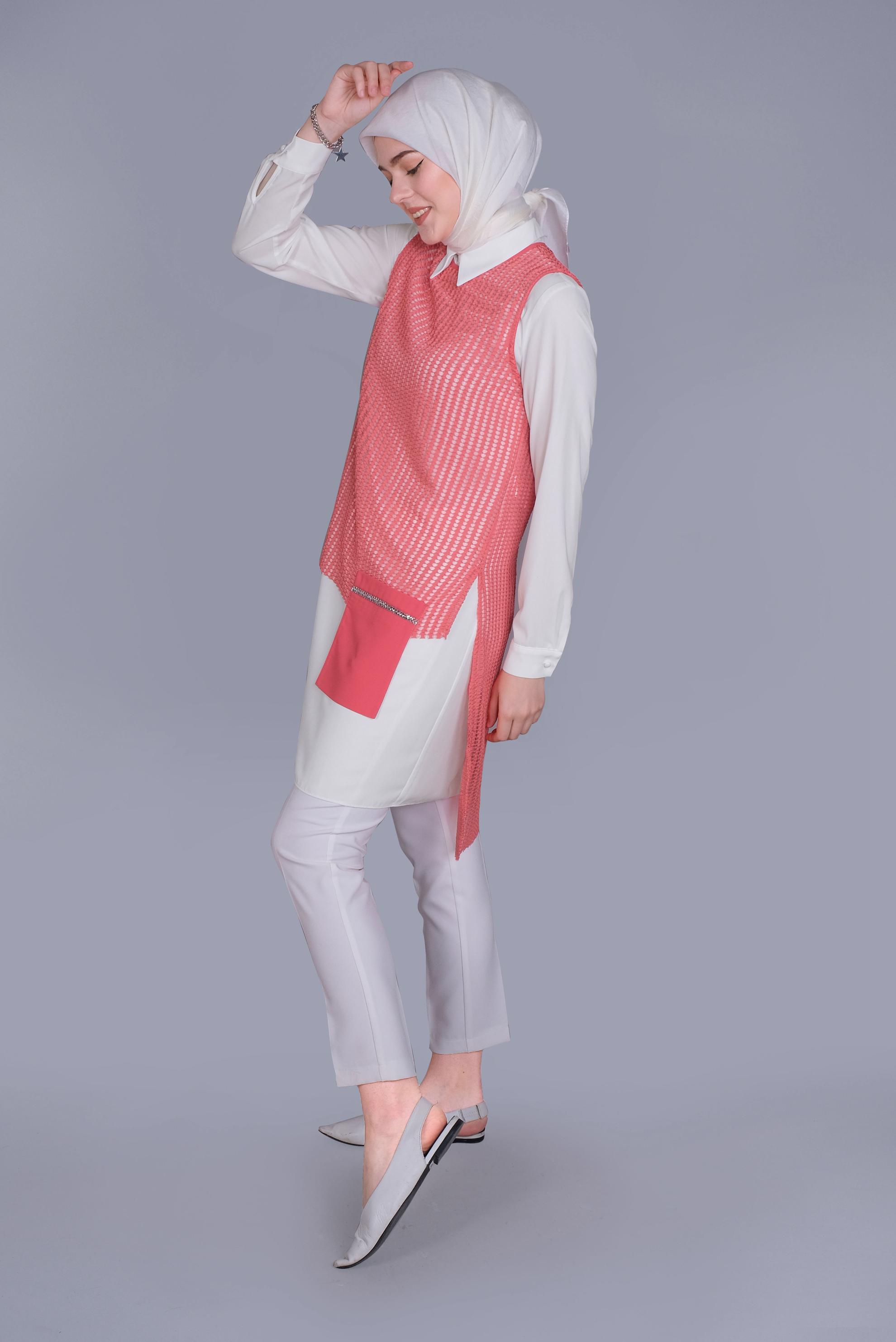 Tesettür giyim MERCAN CEP DETAYLI İKİLİ TUNİK 41602 