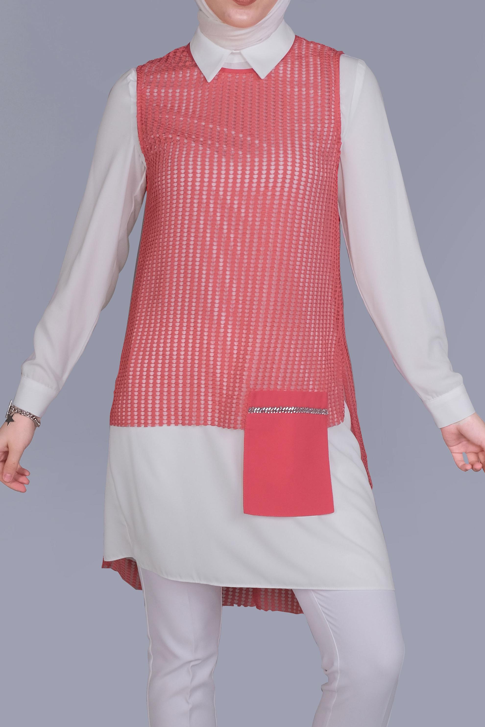 Tesettür giyim MERCAN CEP DETAYLI İKİLİ TUNİK 41602 