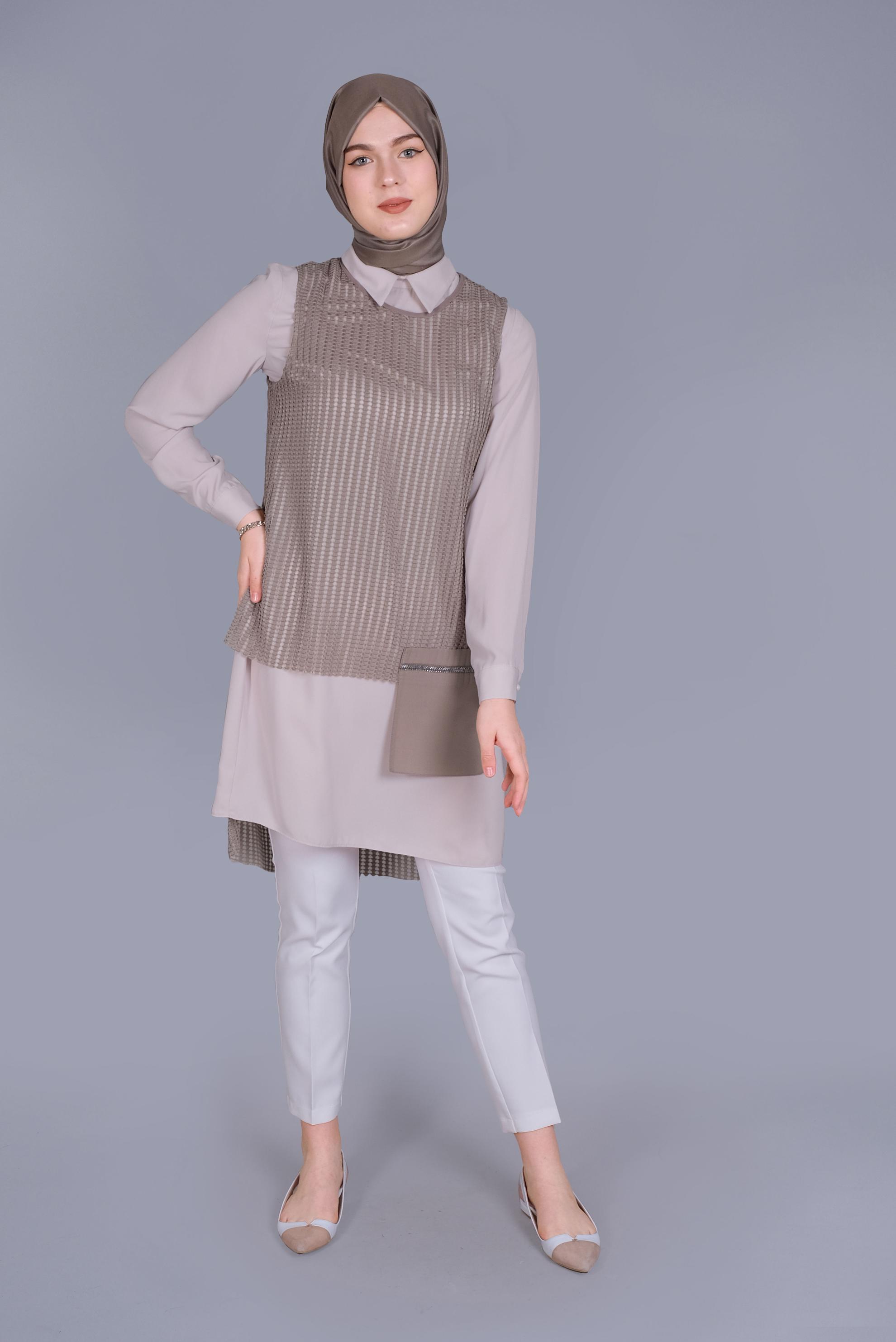 Tesettür giyim VİZON CEP DETAYLI İKİLİ TUNİK 41602 