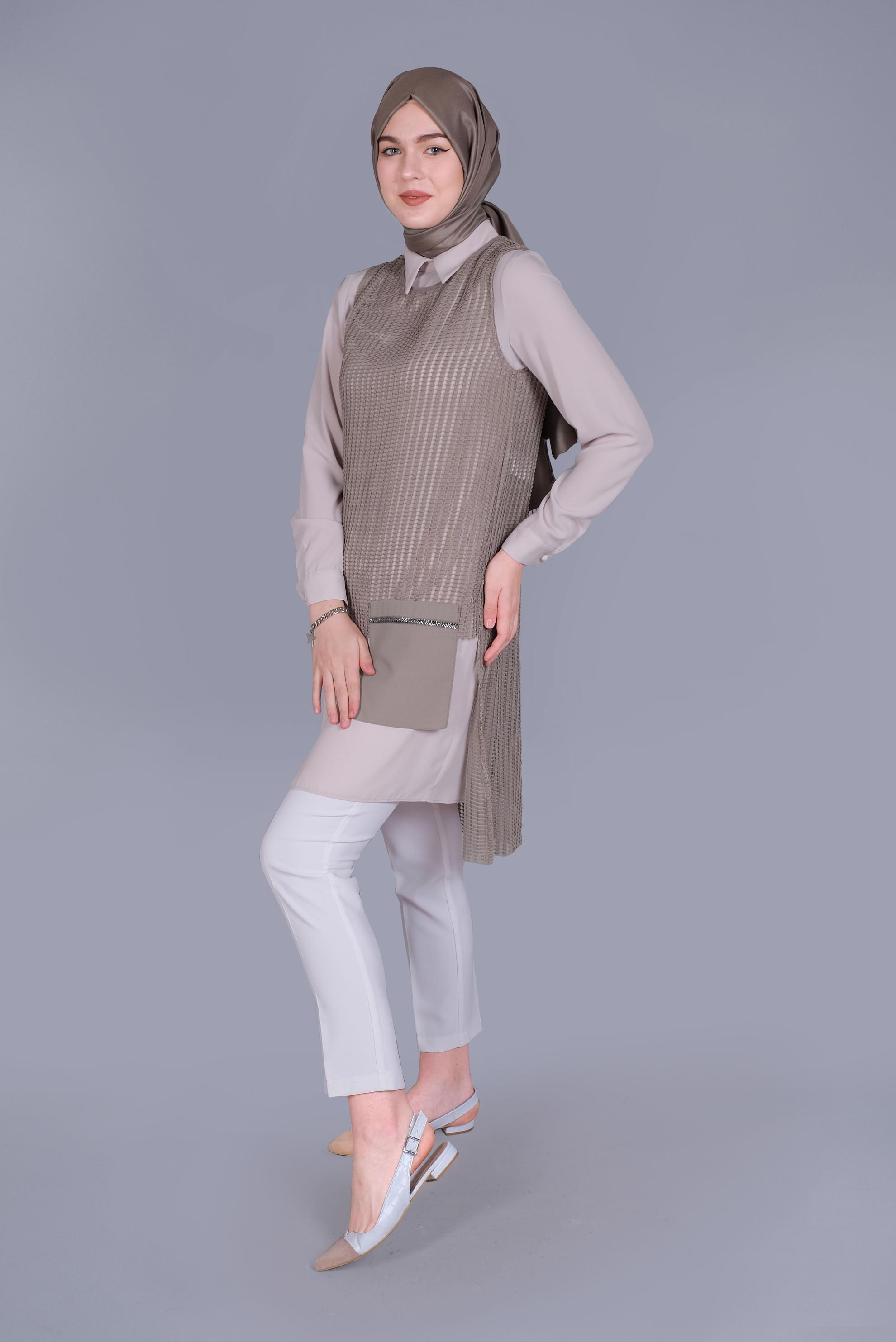Tesettür giyim VİZON CEP DETAYLI İKİLİ TUNİK 41602 