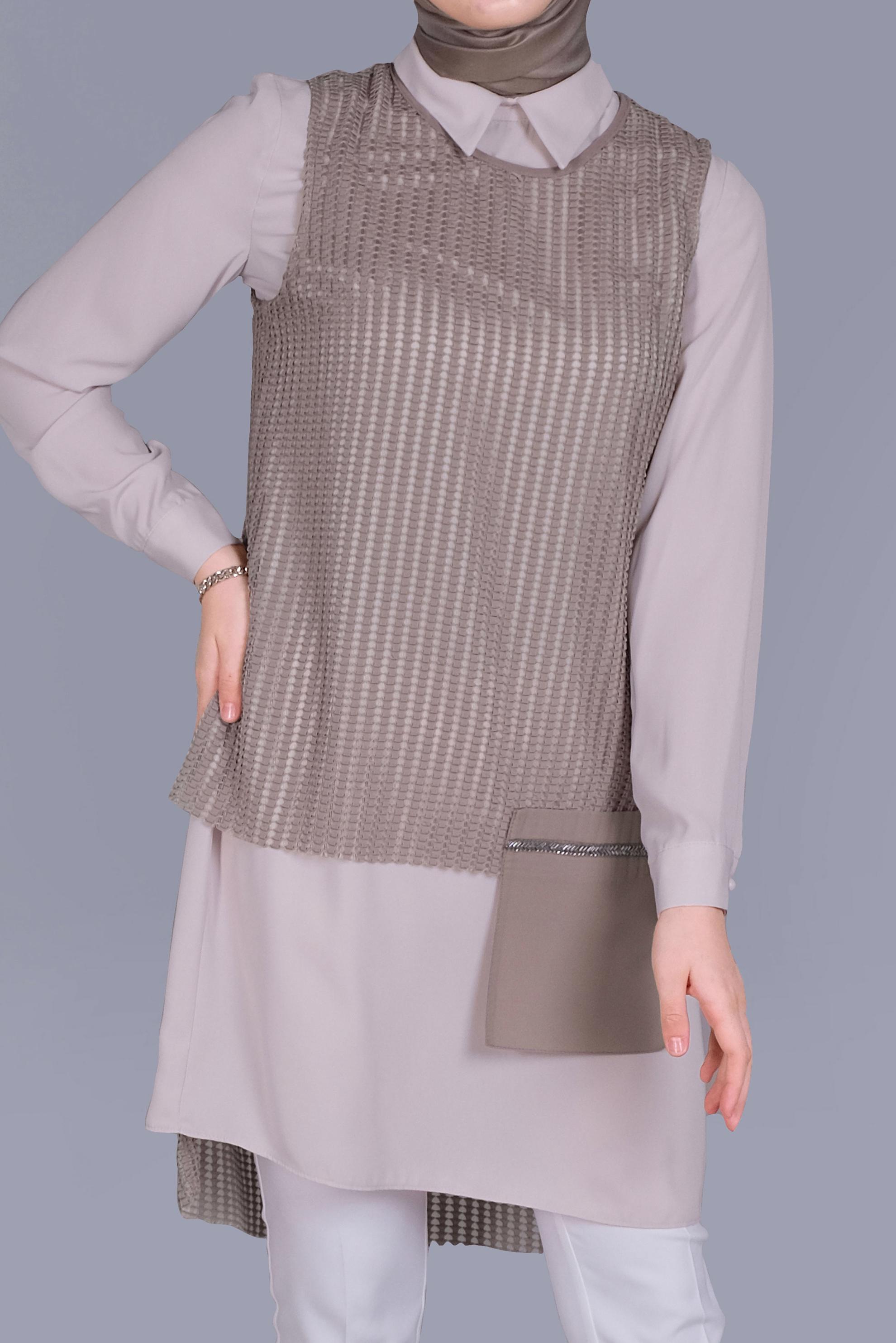 Tesettür giyim VİZON CEP DETAYLI İKİLİ TUNİK 41602 