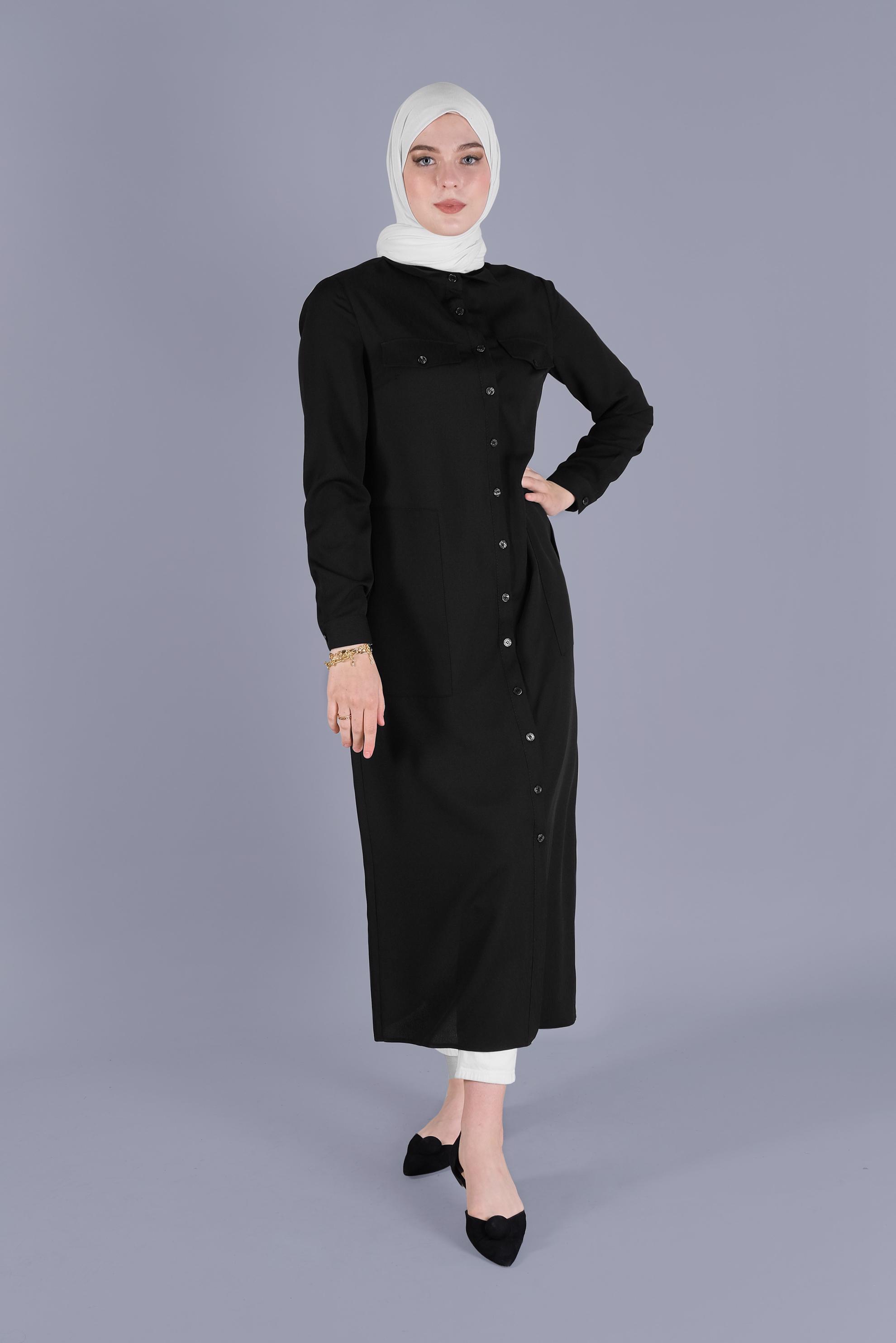 Tesettür giyim SİYAH BOYDAN DÜĞMELİ TUNİK 41603 