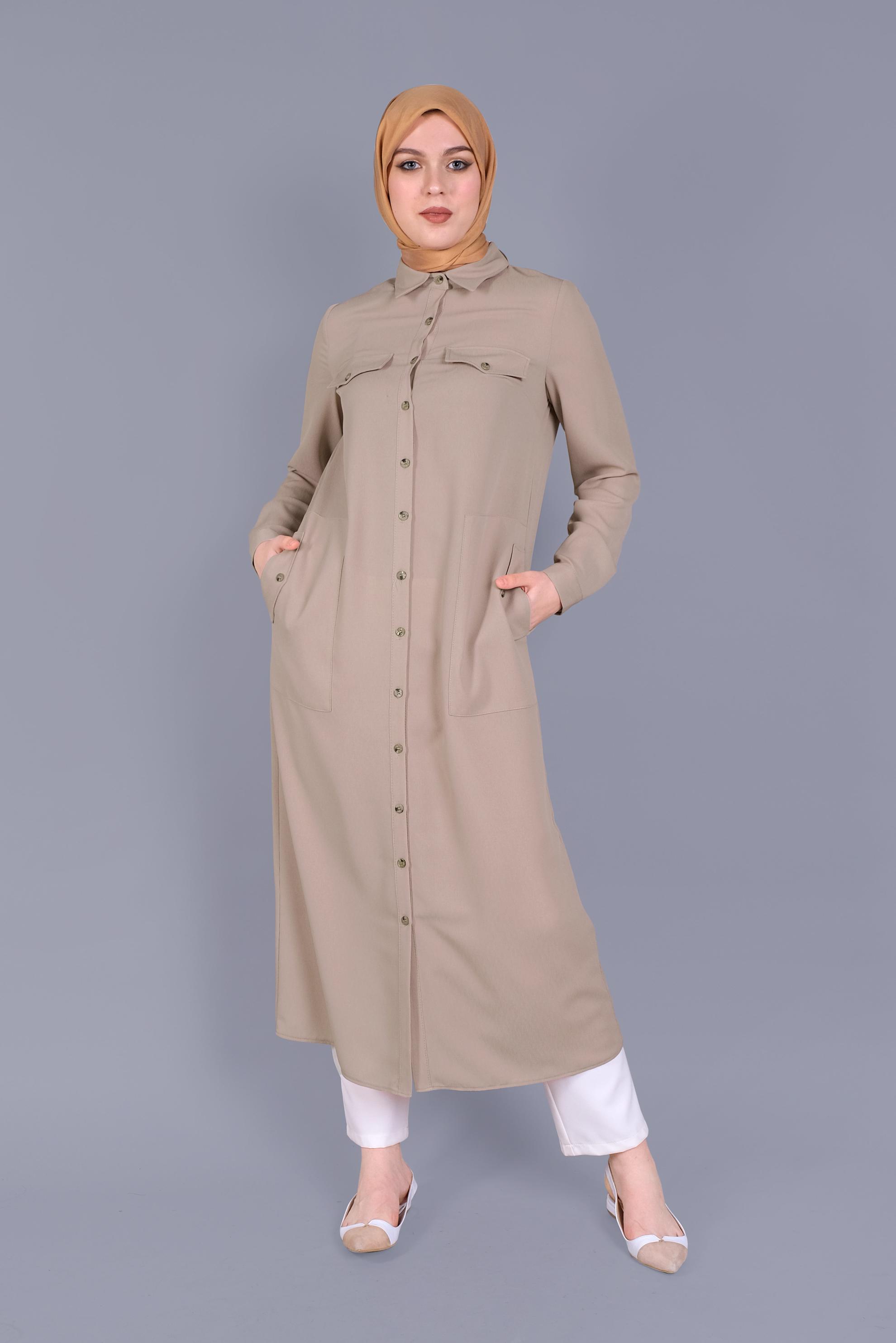 Tesettür giyim BEJ BOYDAN DÜĞMELİ TUNİK 41603 