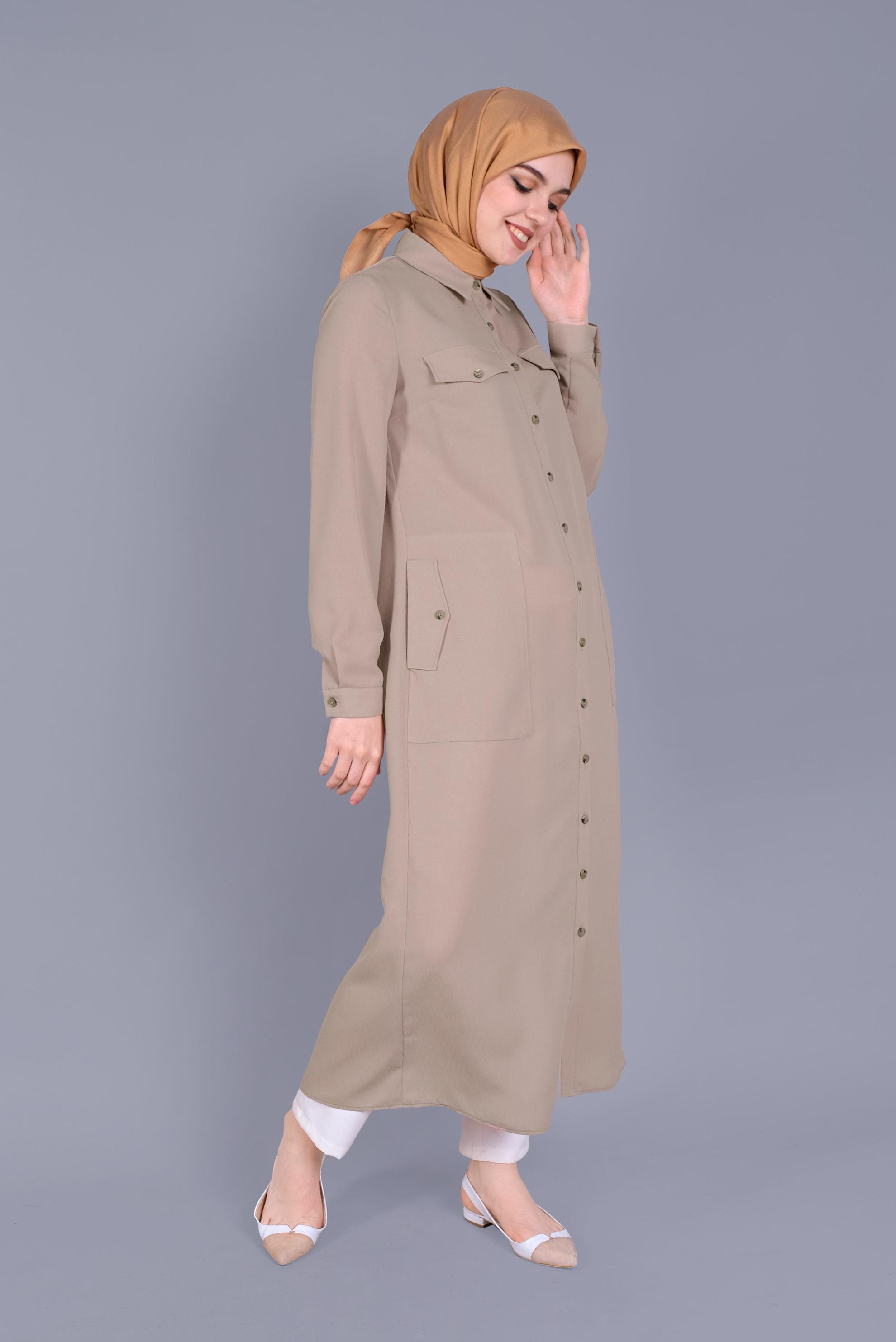 Tesettür giyim BEJ BOYDAN DÜĞMELİ TUNİK 41603 
