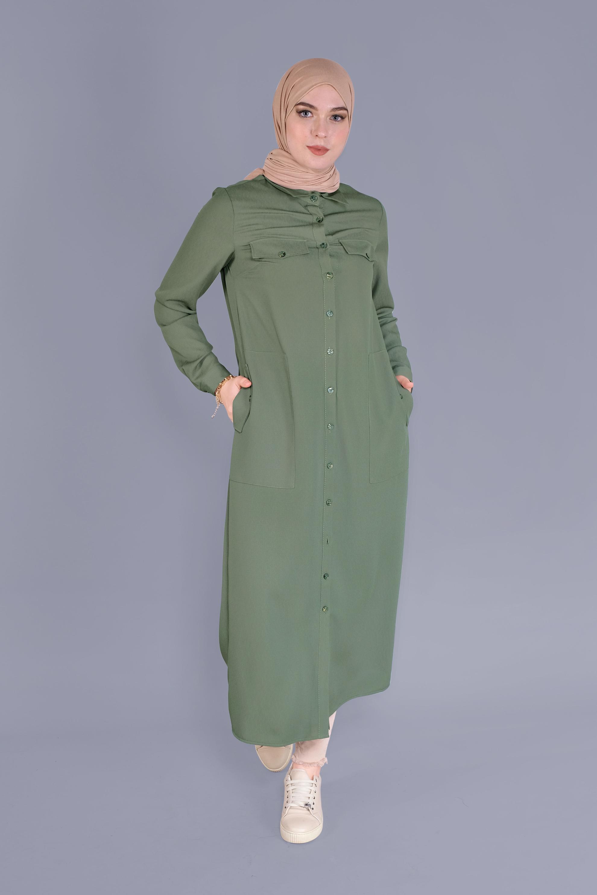 Tesettür giyim HAKİ BOYDAN DÜĞMELİ TUNİK 41603 