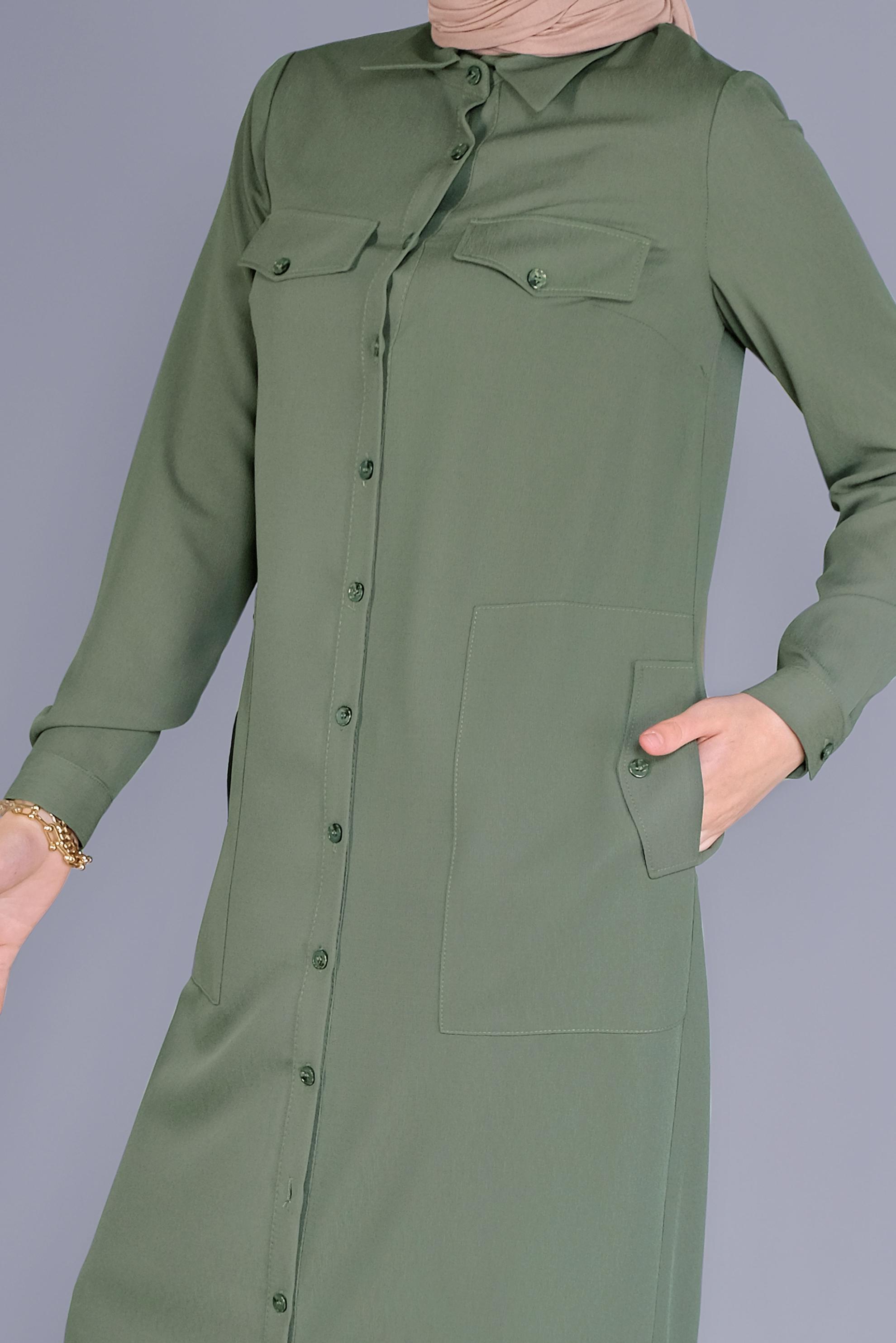 Tesettür giyim HAKİ BOYDAN DÜĞMELİ TUNİK 41603 