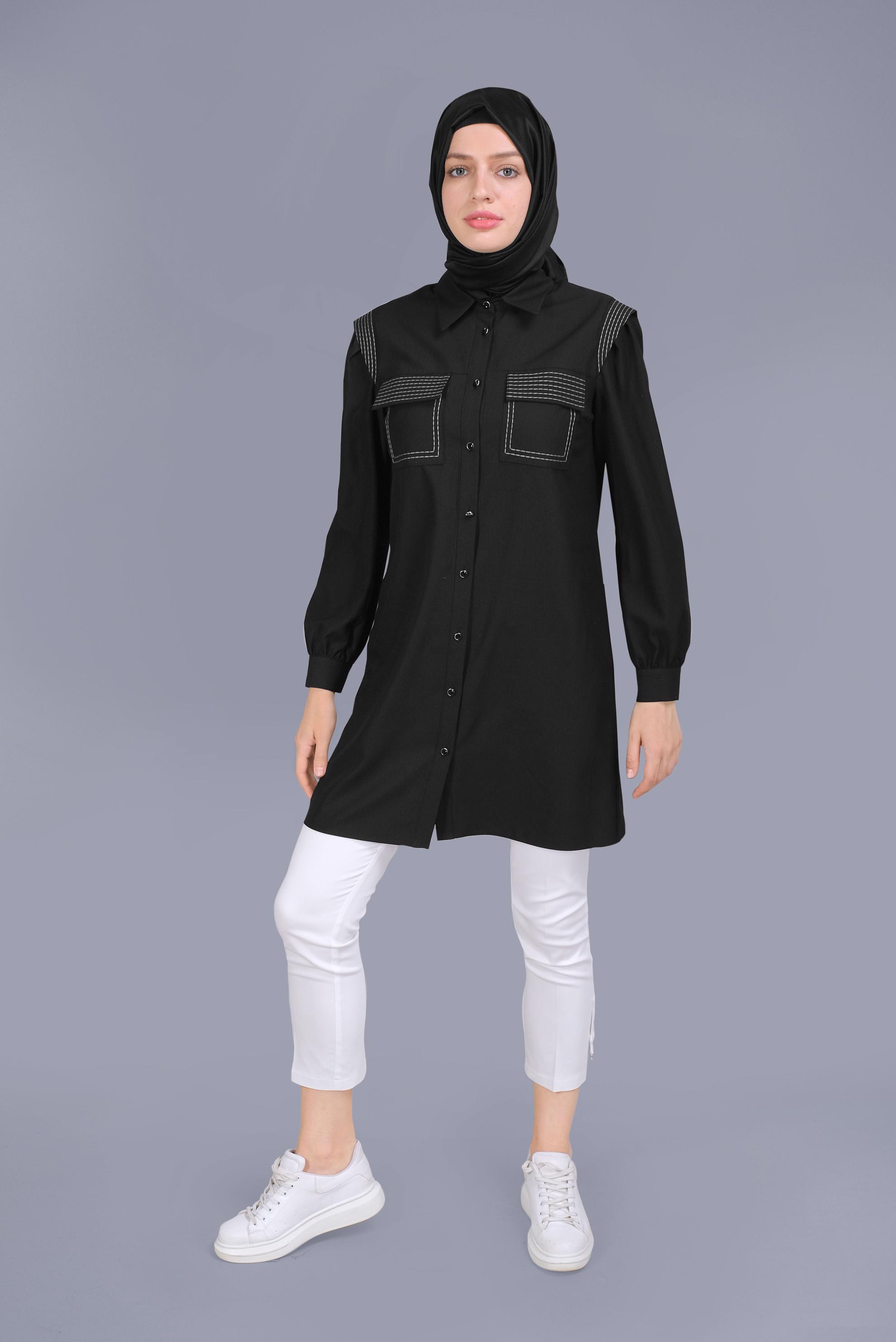 Tesettür giyim SİYAH NAKIŞLI DETAYLI CEPLİ TUNİK 41611