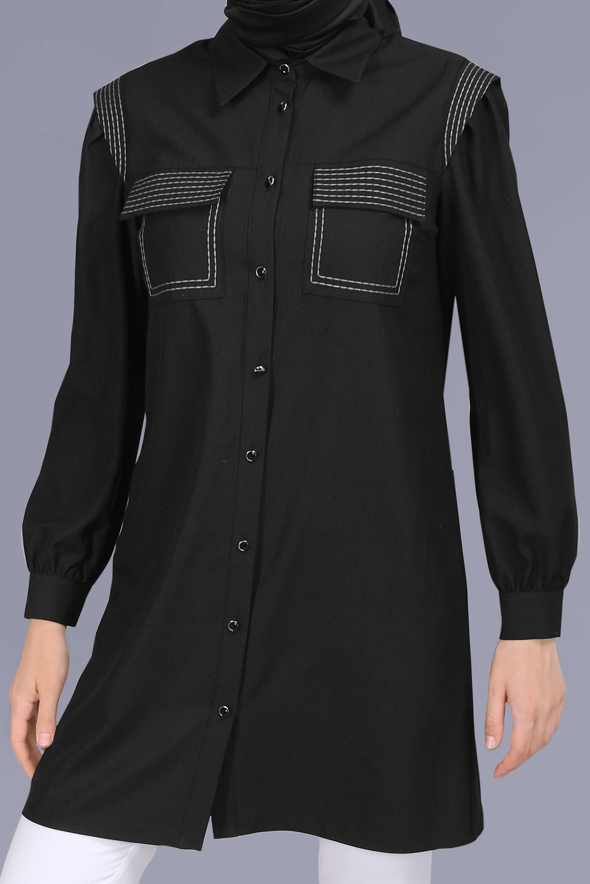 Tesettür giyim SİYAH NAKIŞLI DETAYLI CEPLİ TUNİK 41611