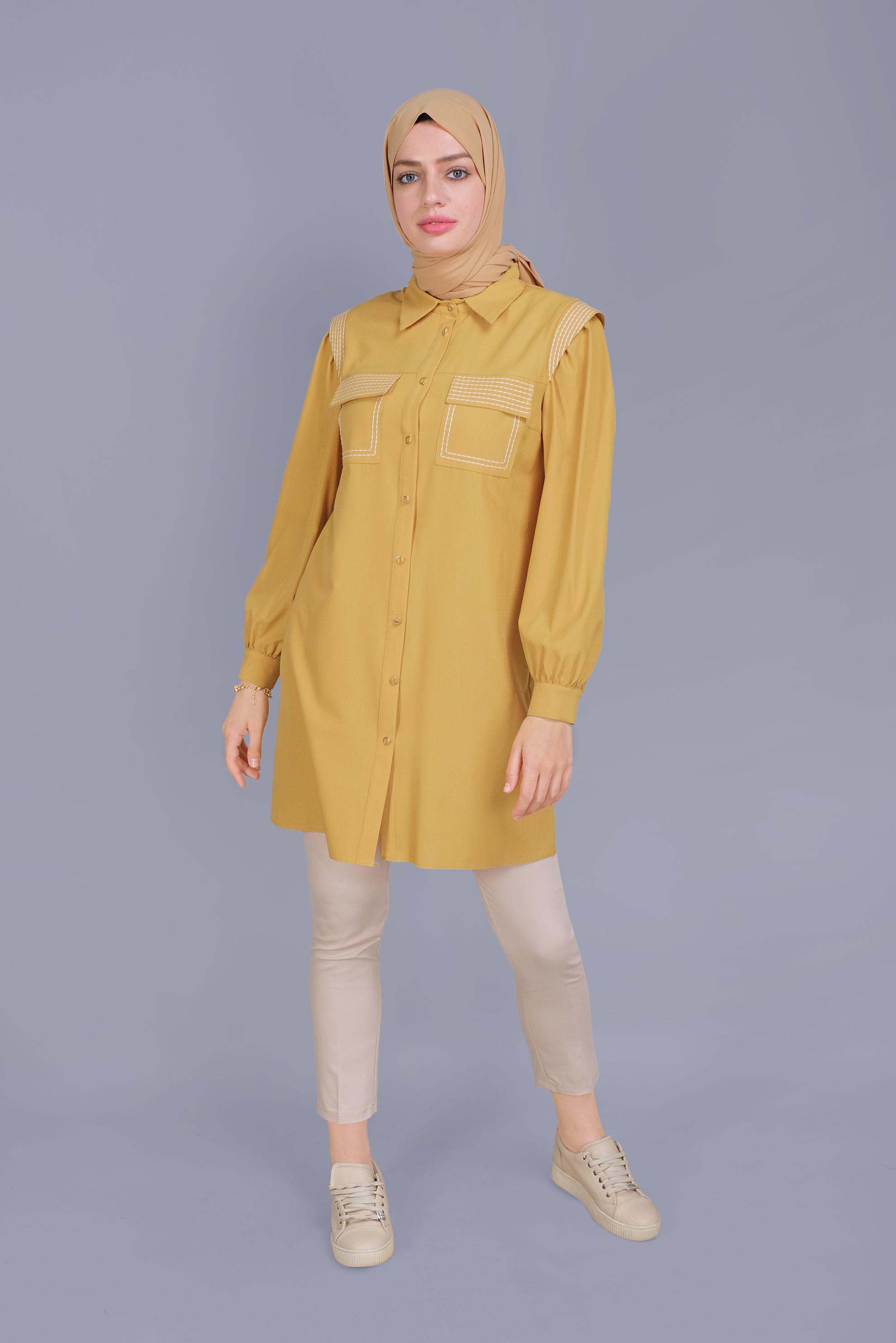 Tesettür giyim SARI NAKIŞLI DETAYLI CEPLİ TUNİK 41611