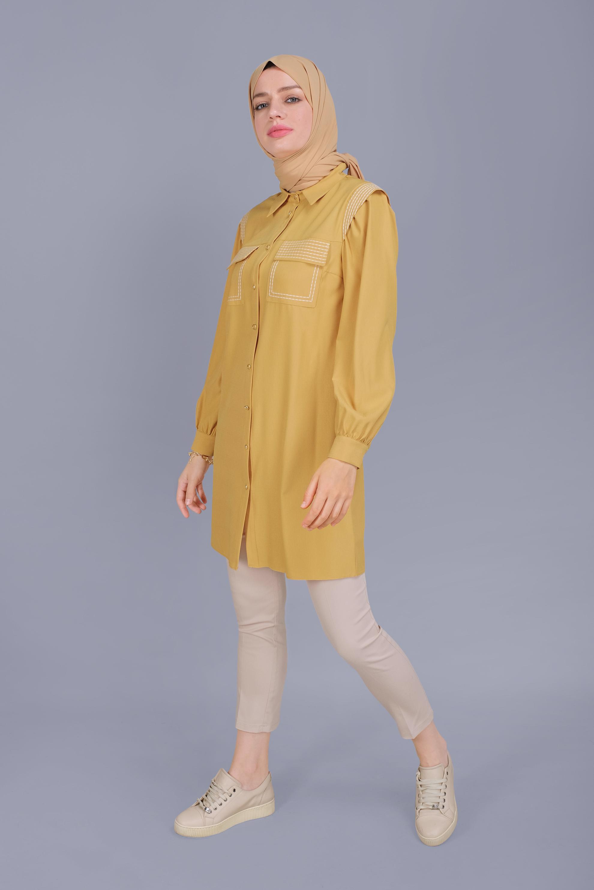 Tesettür giyim SARI NAKIŞLI DETAYLI CEPLİ TUNİK 41611