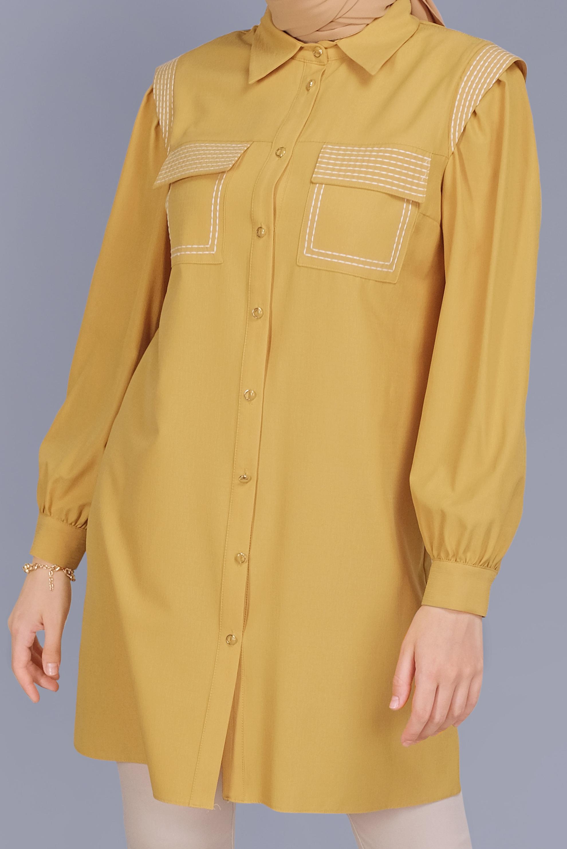 Tesettür giyim SARI NAKIŞLI DETAYLI CEPLİ TUNİK 41611