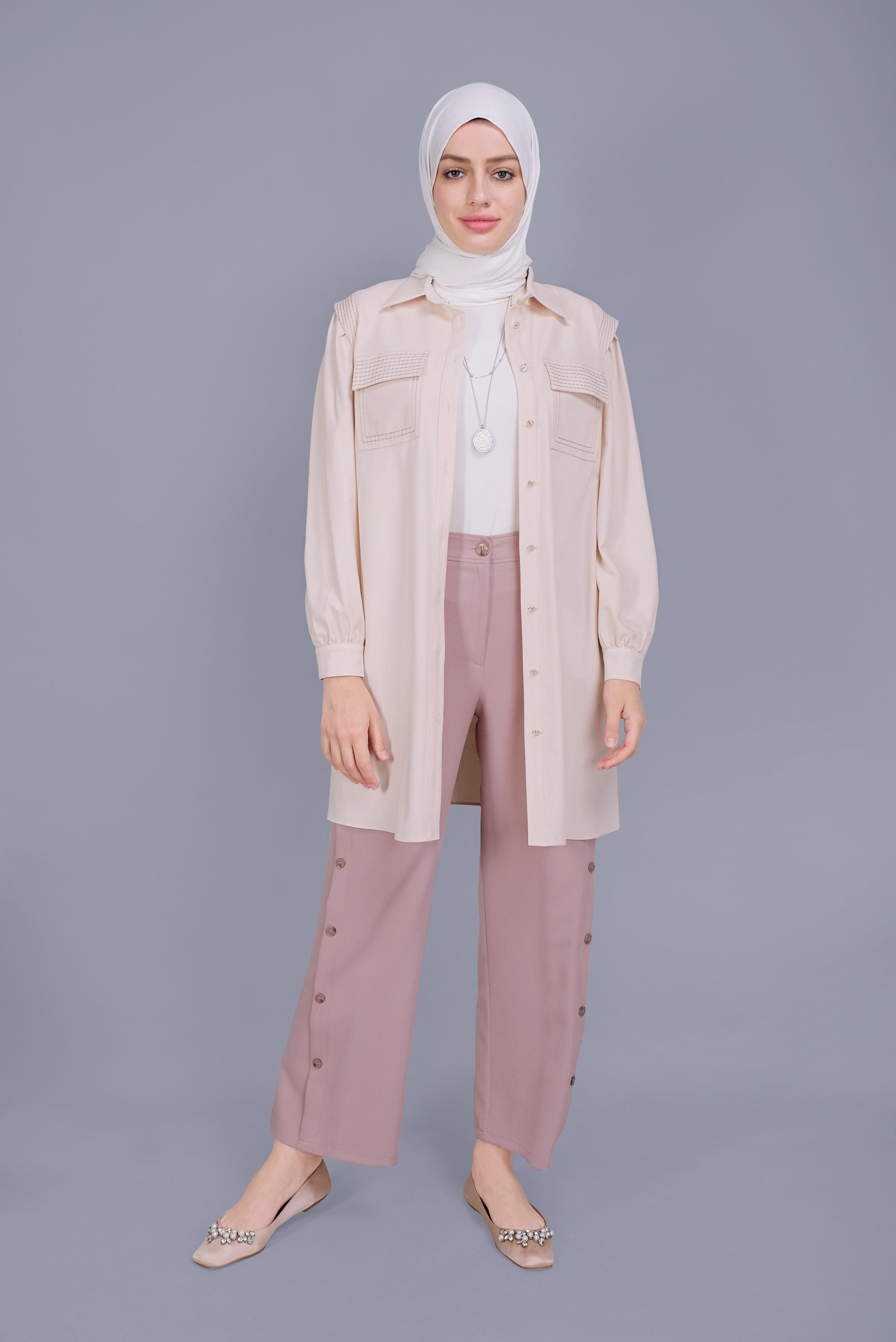 Tesettür giyim BEJ NAKIŞLI DETAYLI CEPLİ TUNİK 41611