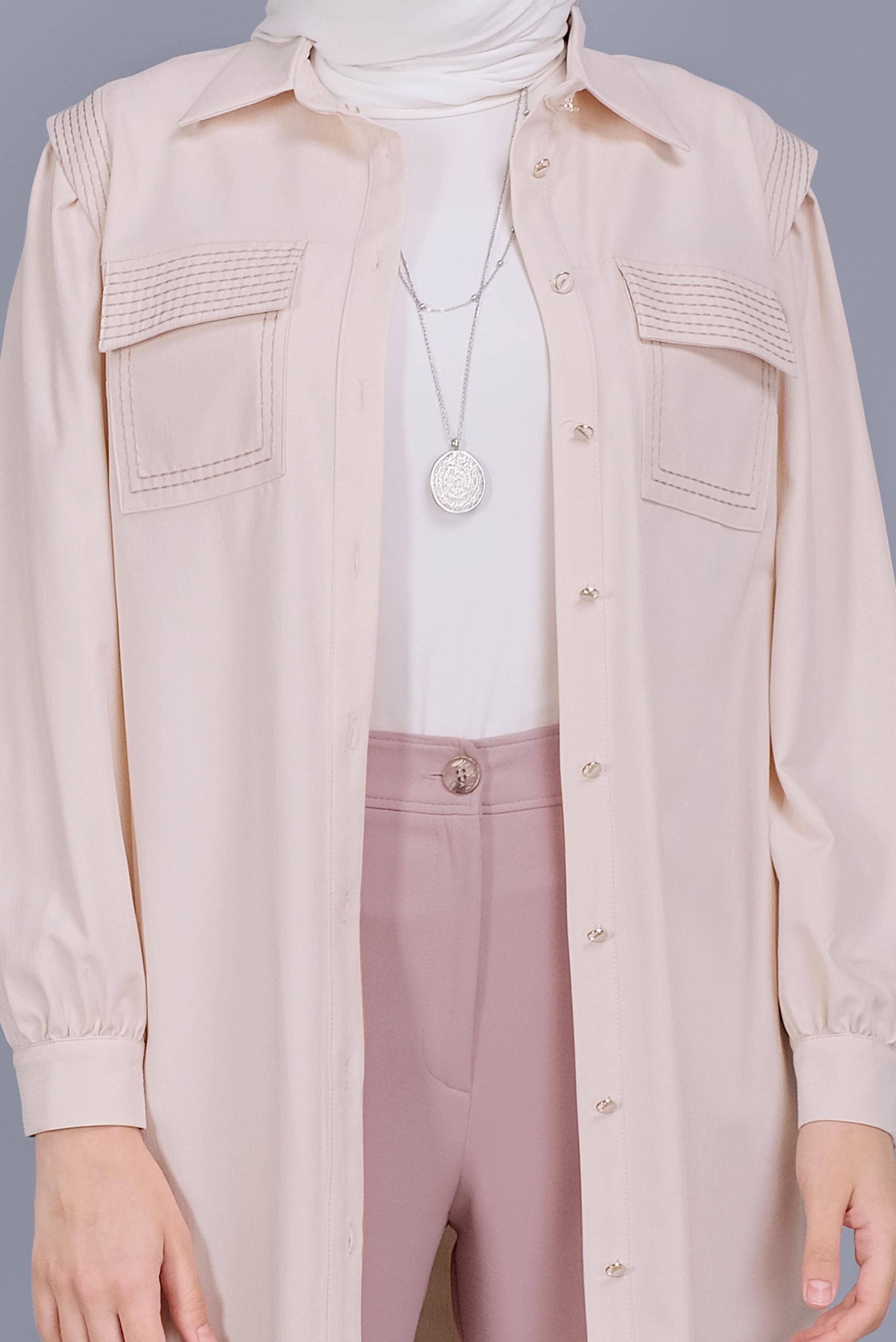 Tesettür giyim BEJ NAKIŞLI DETAYLI CEPLİ TUNİK 41611