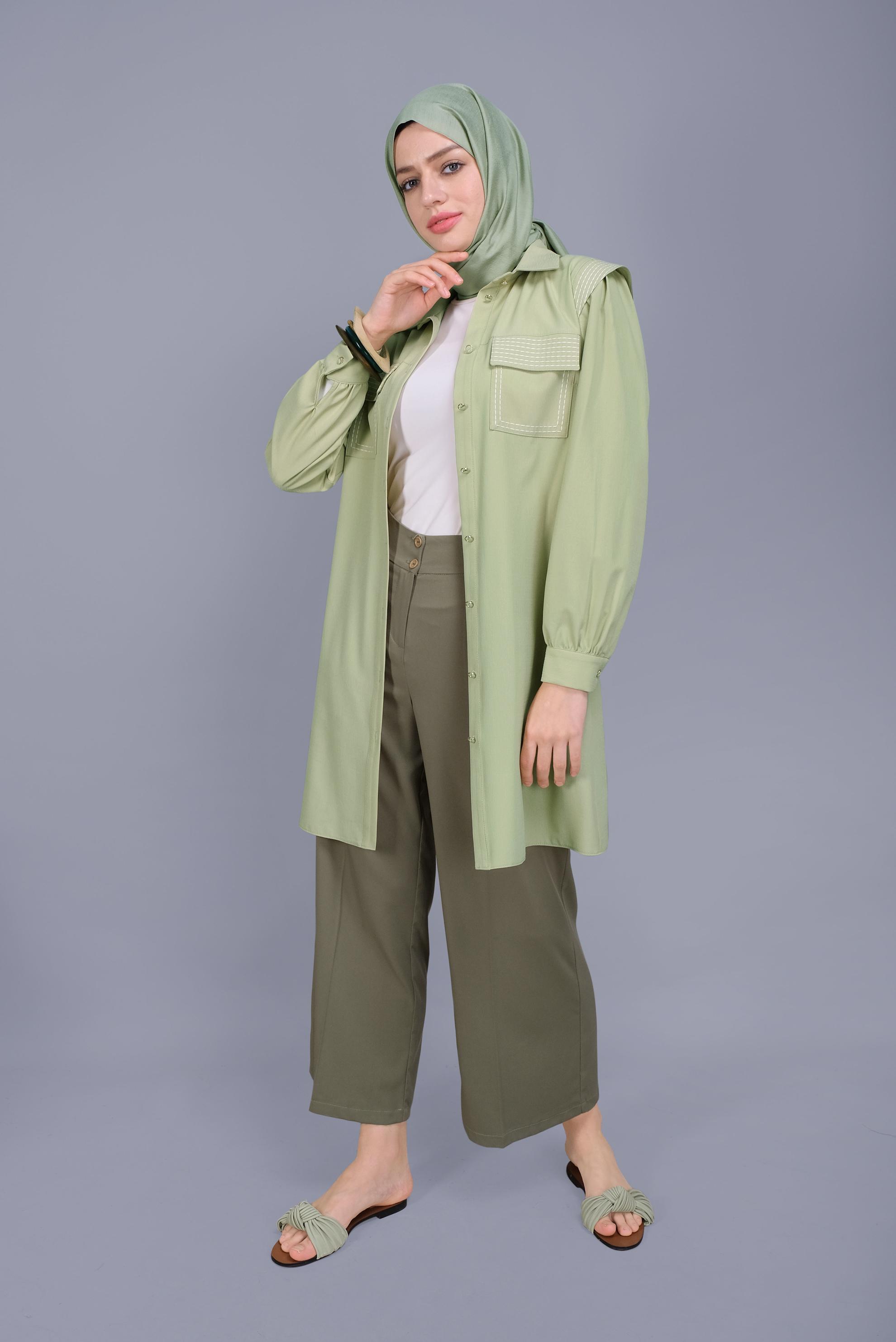 Tesettür giyim YEŞİL NAKIŞLI DETAYLI CEPLİ TUNİK 41611