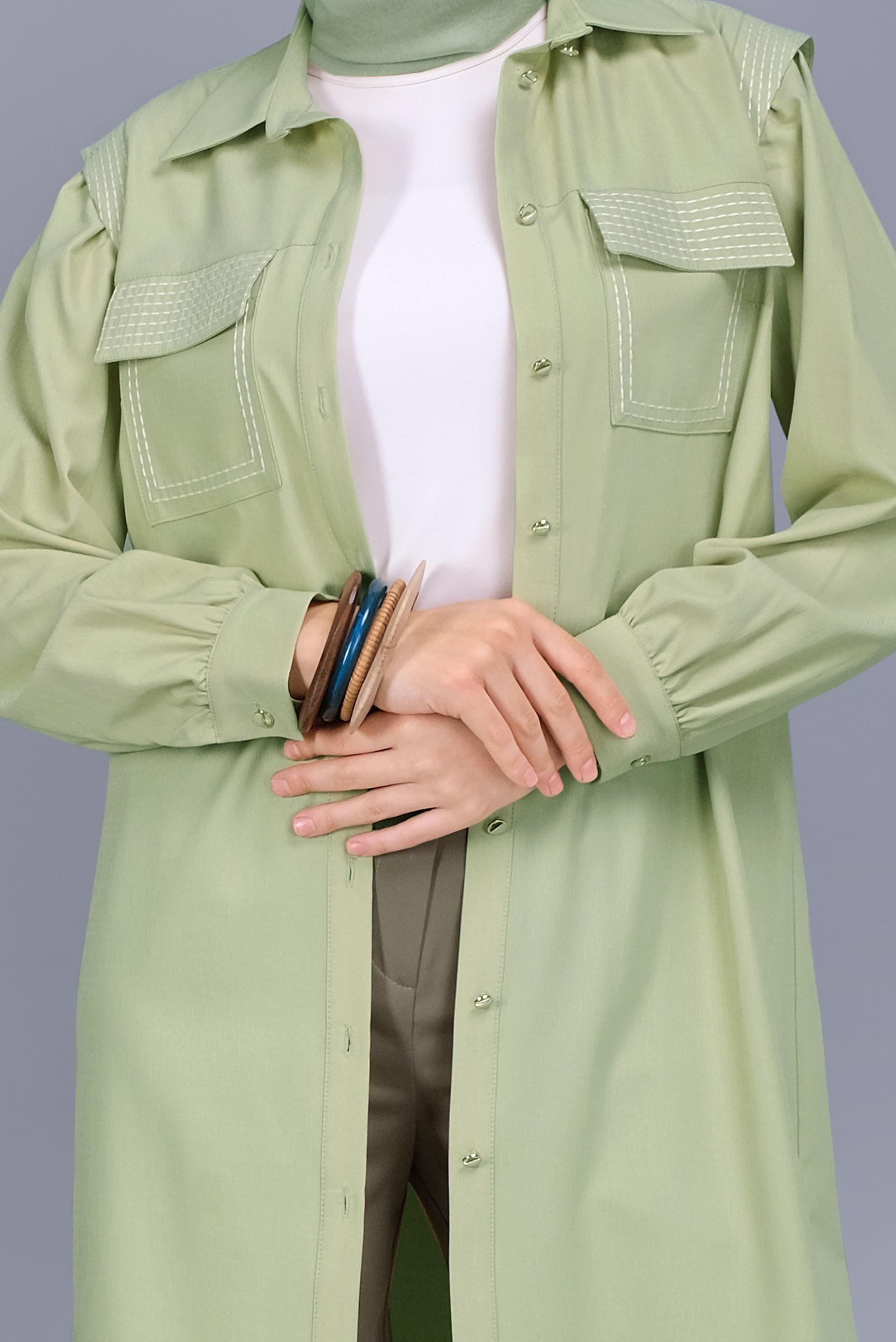 Tesettür giyim YEŞİL NAKIŞLI DETAYLI CEPLİ TUNİK 41611