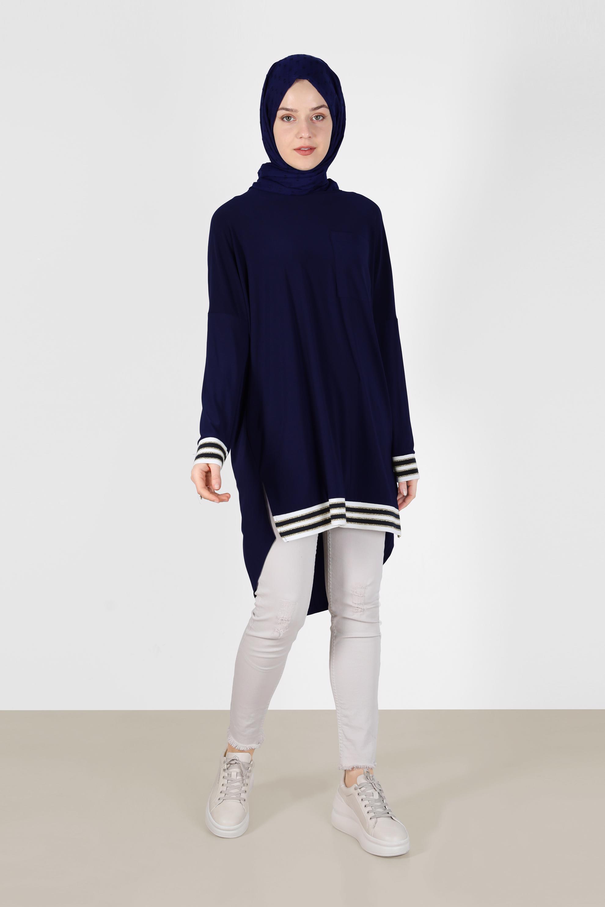 Tesettür giyim LACİVERT MANŞETLERİ VE ETEK UCU RİBANALI CEP DETAYLI TUNİK 41613 