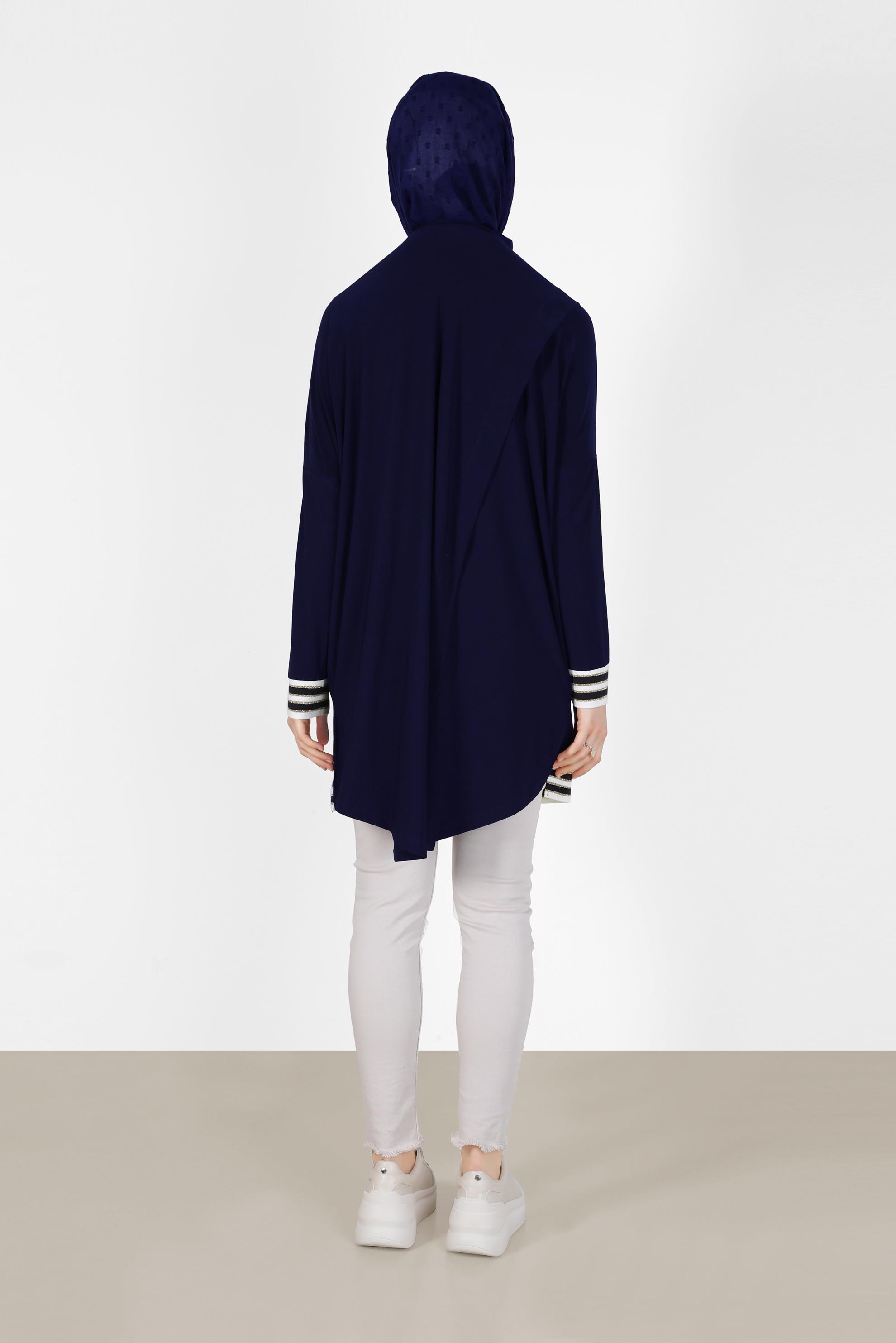 Tesettür giyim LACİVERT MANŞETLERİ VE ETEK UCU RİBANALI CEP DETAYLI TUNİK 41613 