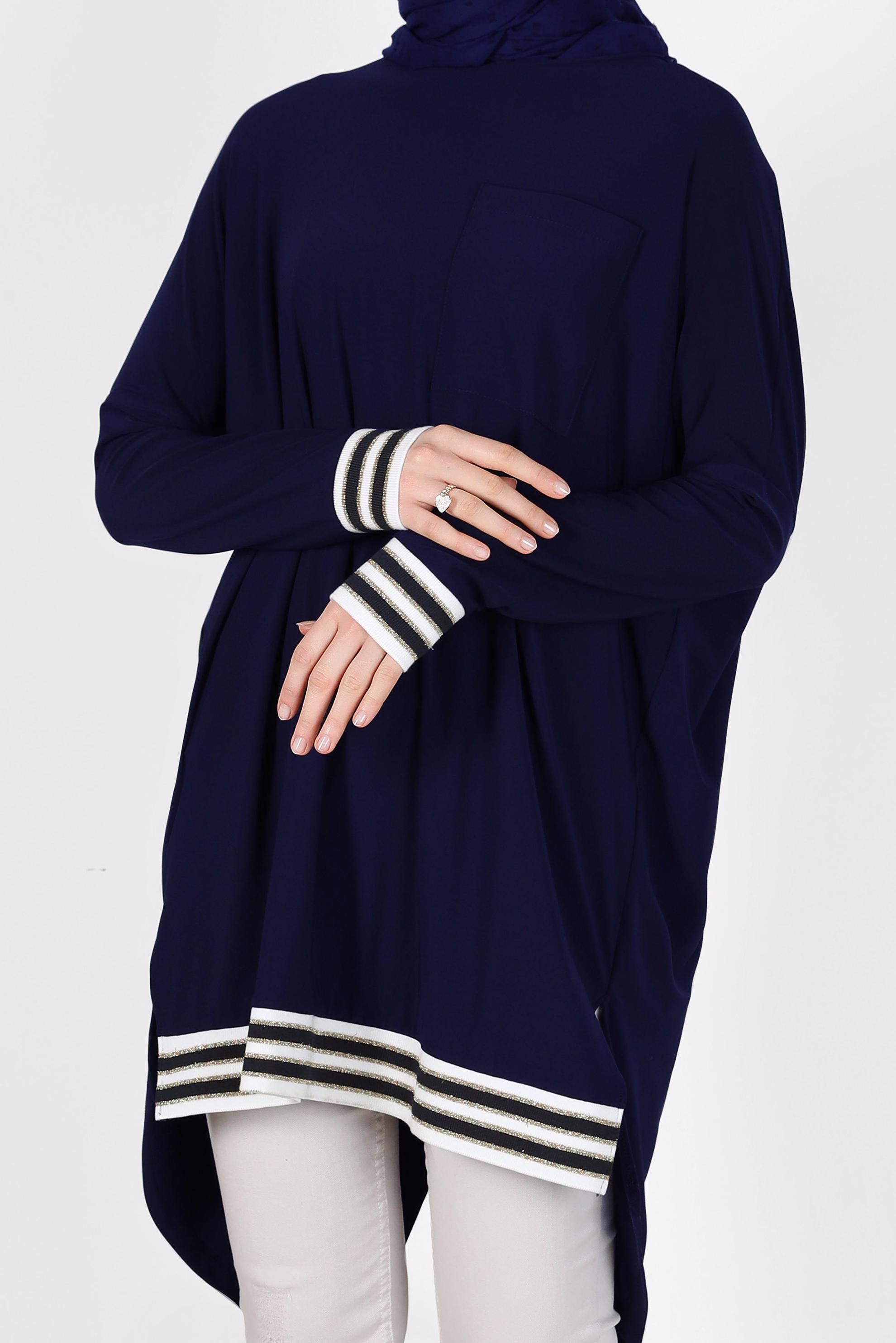 Tesettür giyim LACİVERT MANŞETLERİ VE ETEK UCU RİBANALI CEP DETAYLI TUNİK 41613 