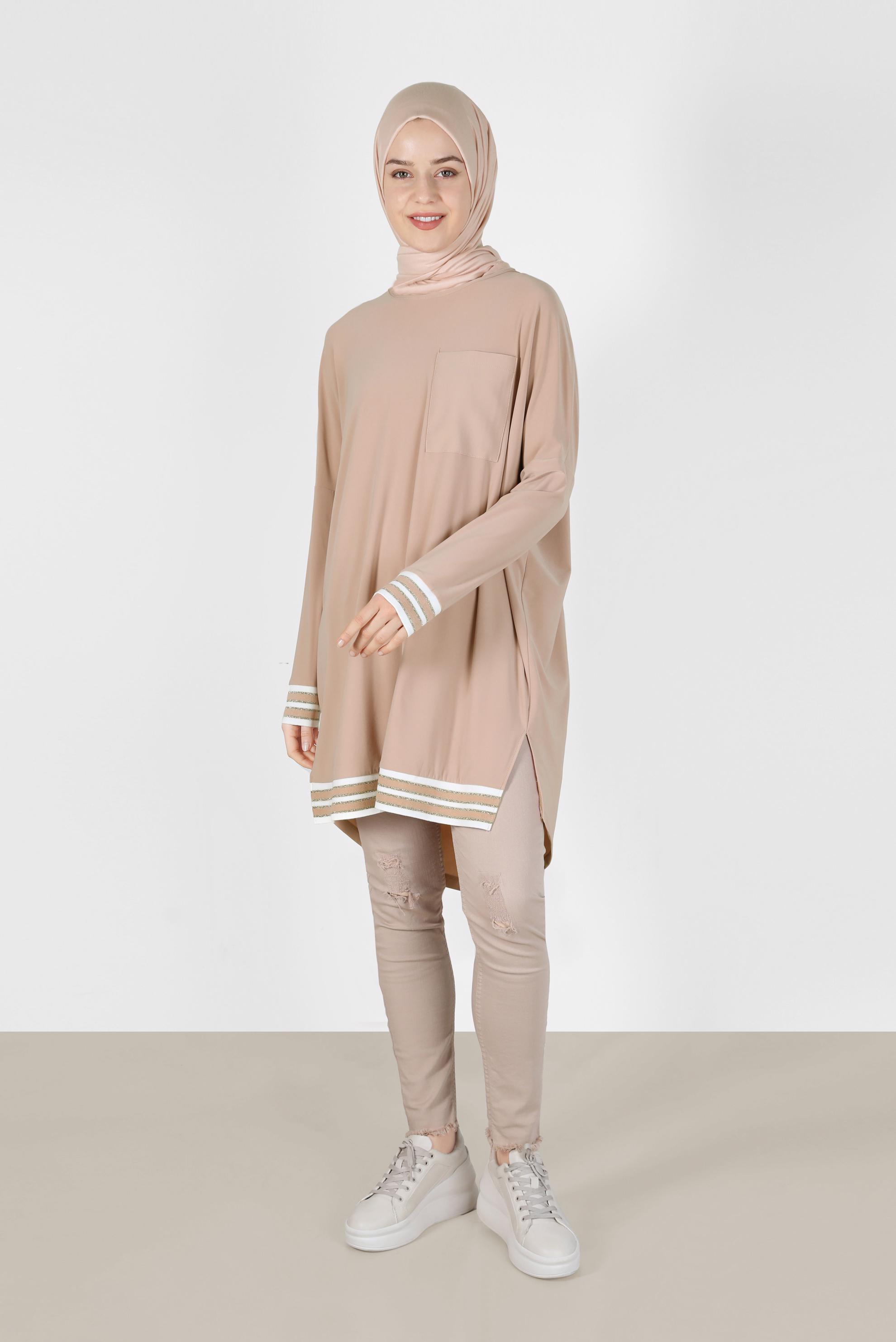 Tesettür giyim KAHVE MANŞETLERİ VE ETEK UCU RİBANALI CEP DETAYLI TUNİK 41613 