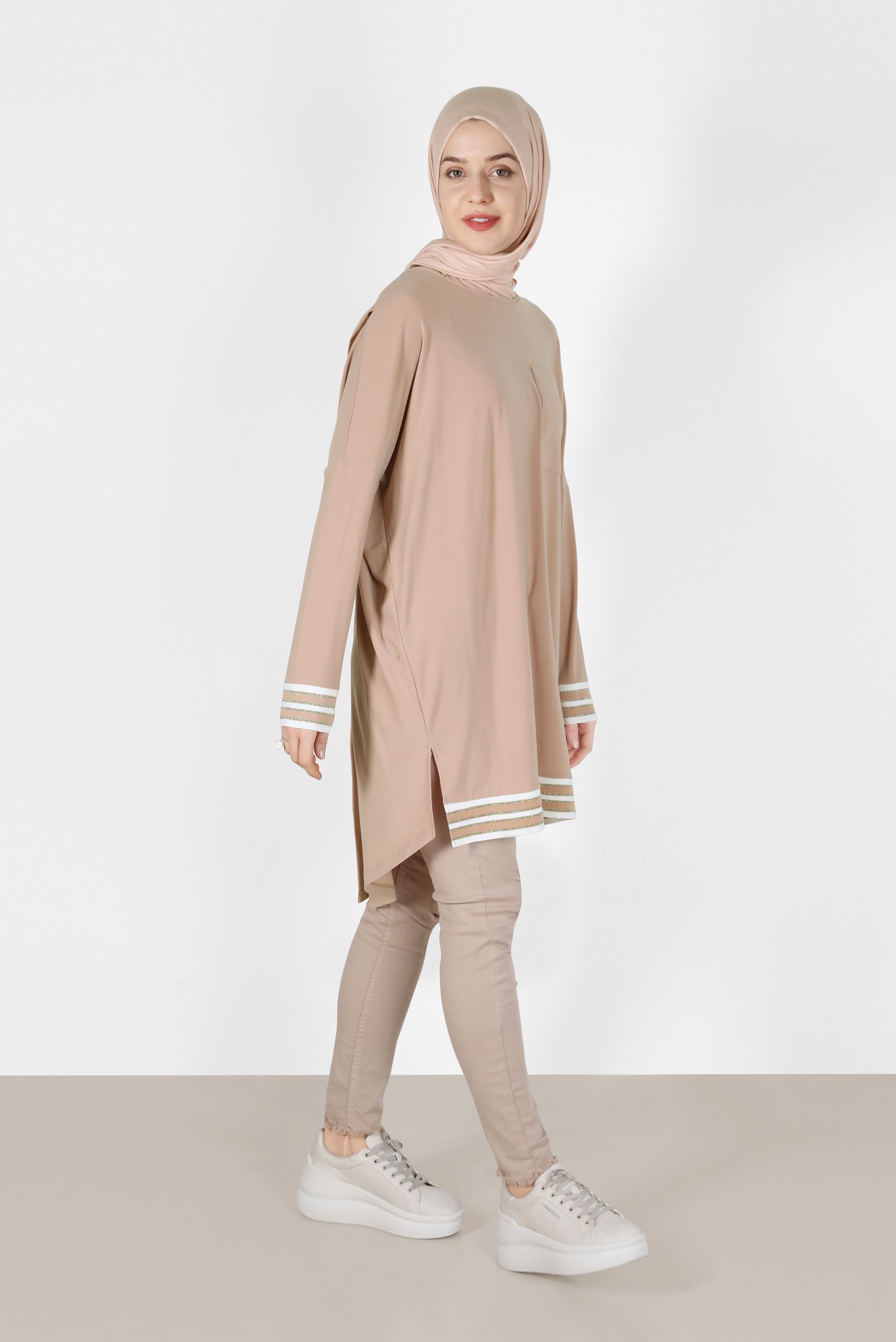 Tesettür giyim KAHVE MANŞETLERİ VE ETEK UCU RİBANALI CEP DETAYLI TUNİK 41613 