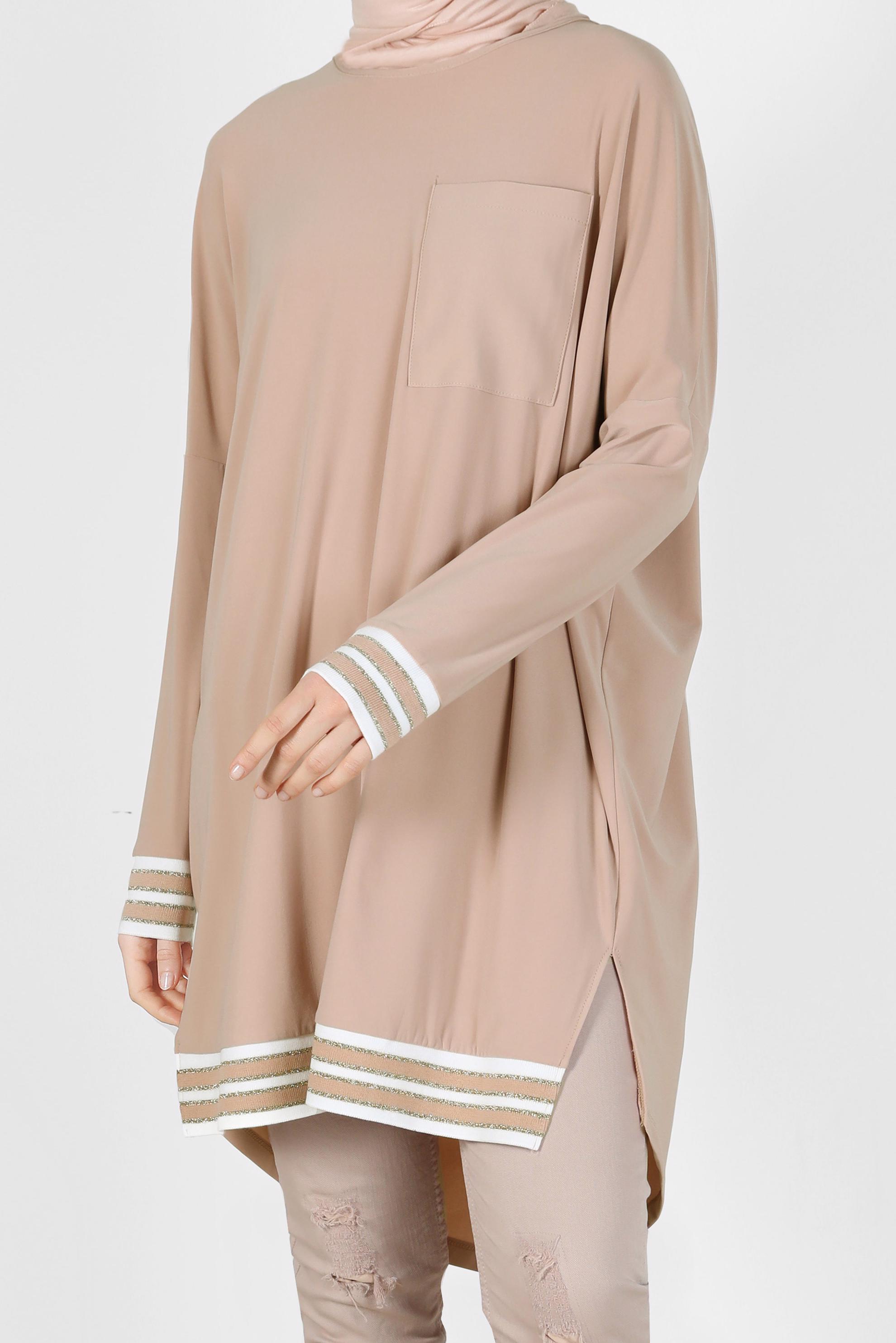 Tesettür giyim KAHVE MANŞETLERİ VE ETEK UCU RİBANALI CEP DETAYLI TUNİK 41613 