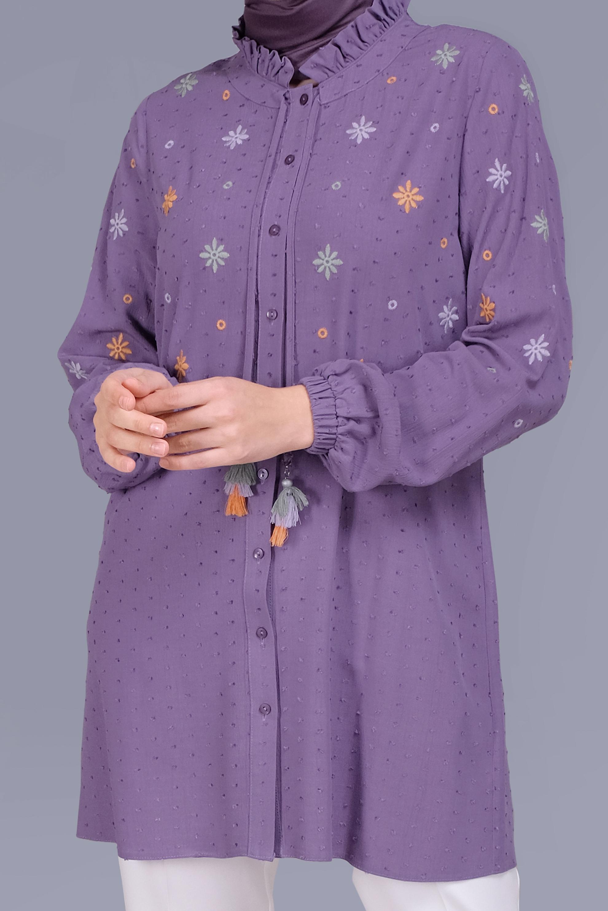 Tesettür giyim MOR BOYDAN DÜĞMELİ NAKIŞLI PÜSKÜLLÜ TUNİK 41614 