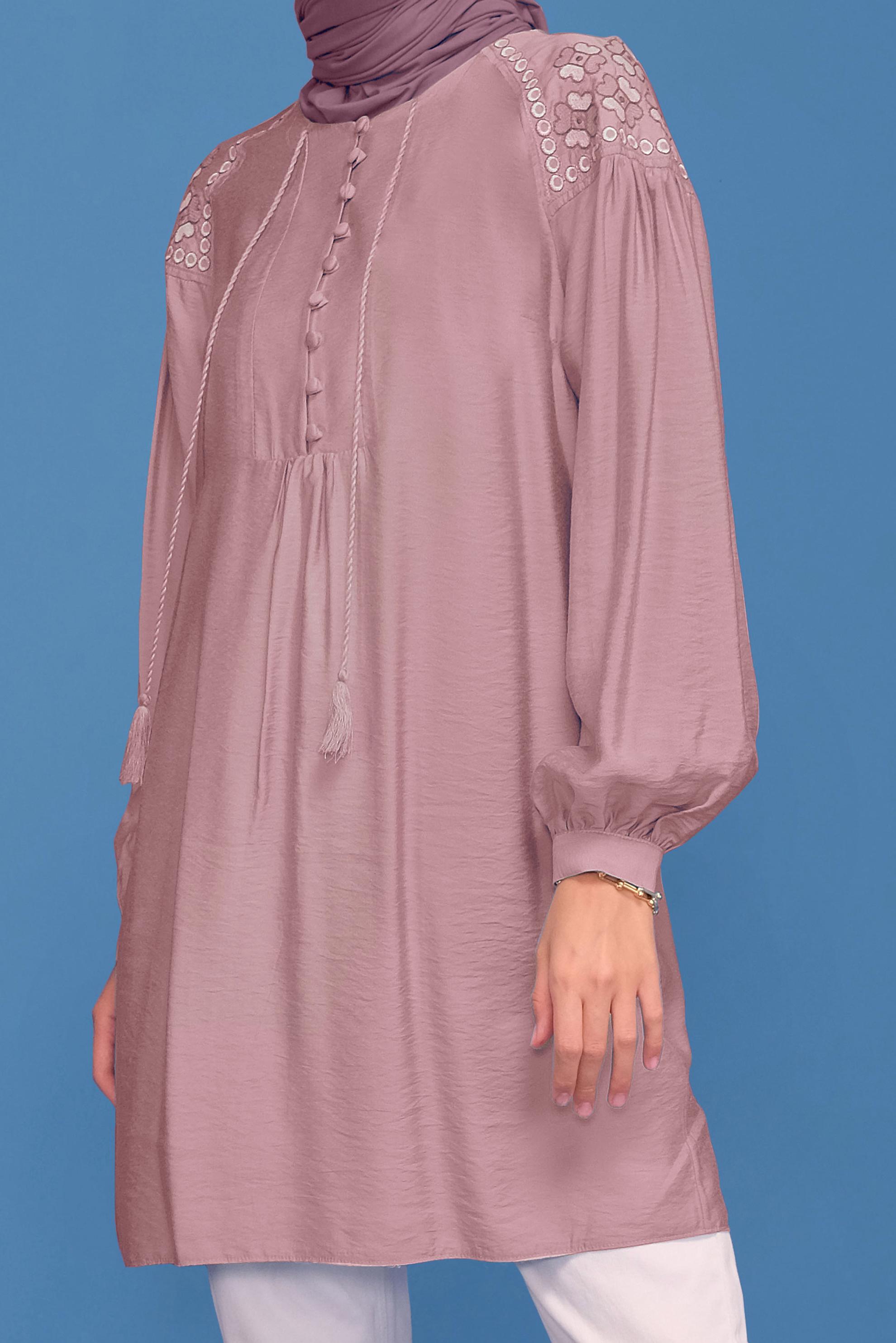 Tesettür giyim PEMBE NAKIŞLI DÜĞMELİ TUNİK 41615