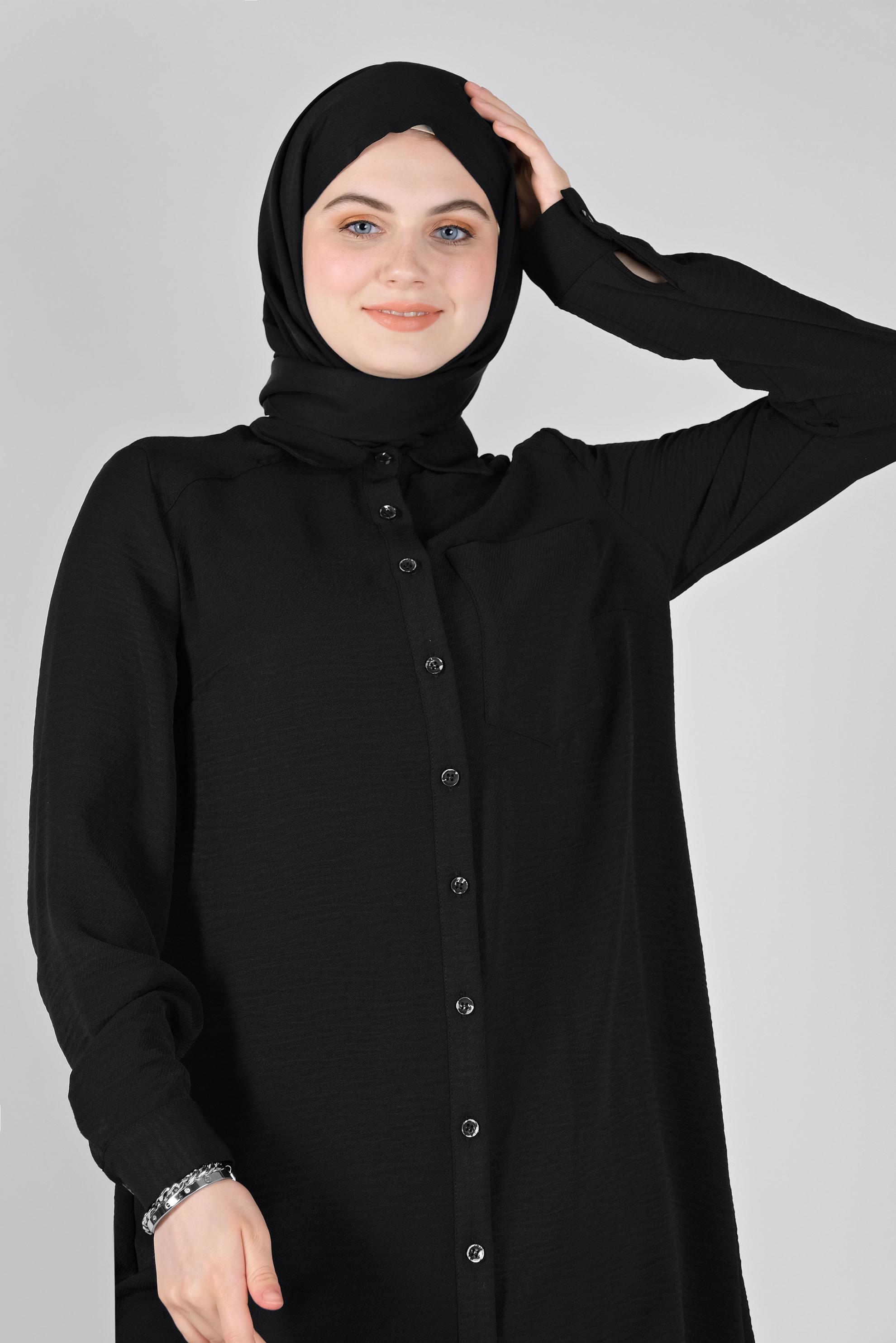 Tesettür giyim SİYAH BOYDAN DÜĞMELİ CEPLİ TUNİK 41616 