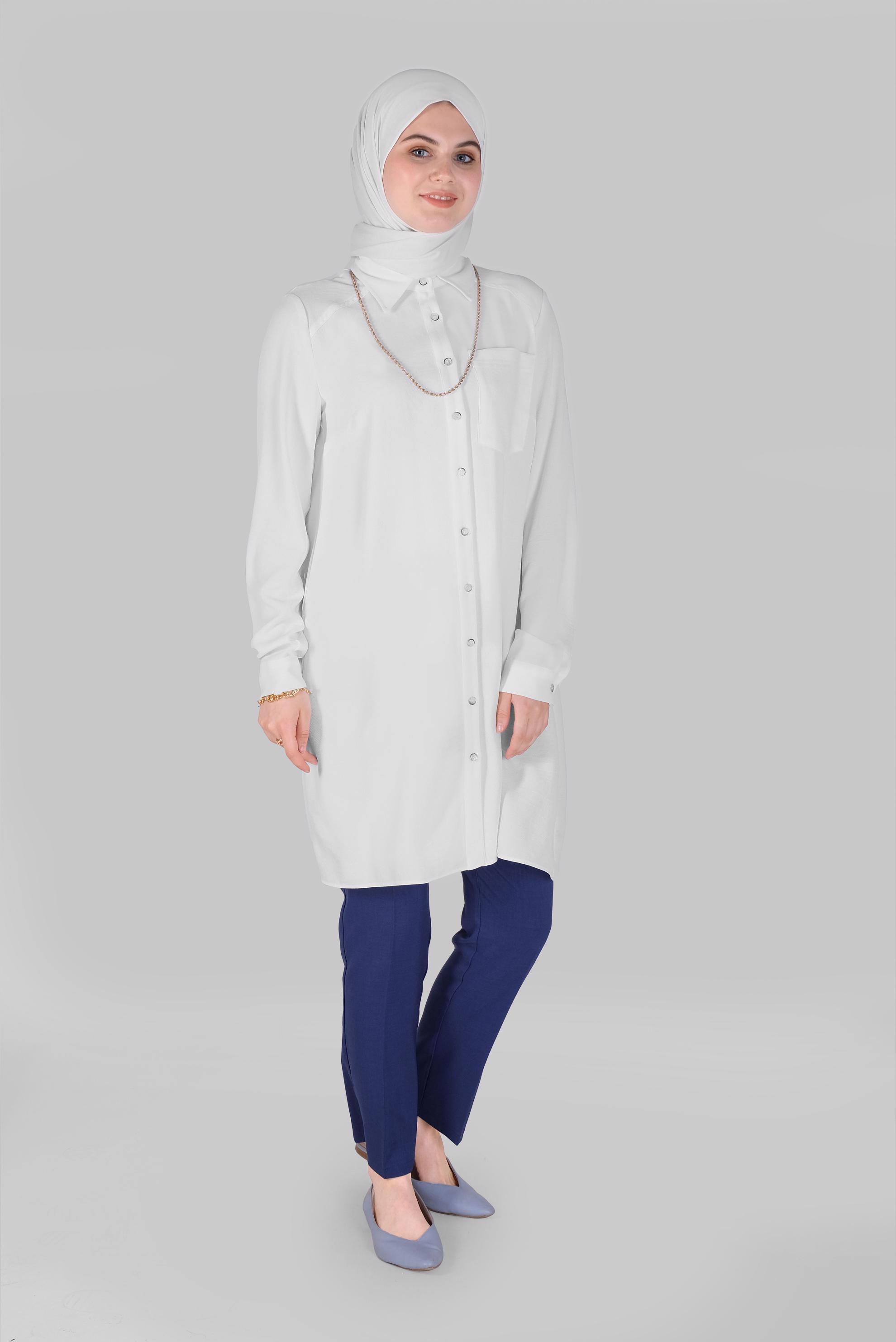 Tesettür giyim BEYAZ BOYDAN DÜĞMELİ CEPLİ TUNİK 41616 