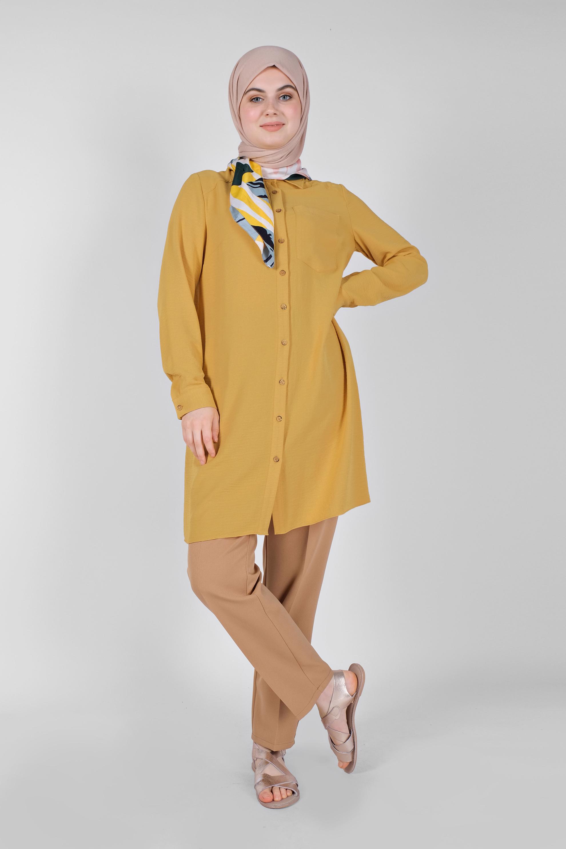 Tesettür giyim SARI BOYDAN DÜĞMELİ CEPLİ TUNİK 41616 