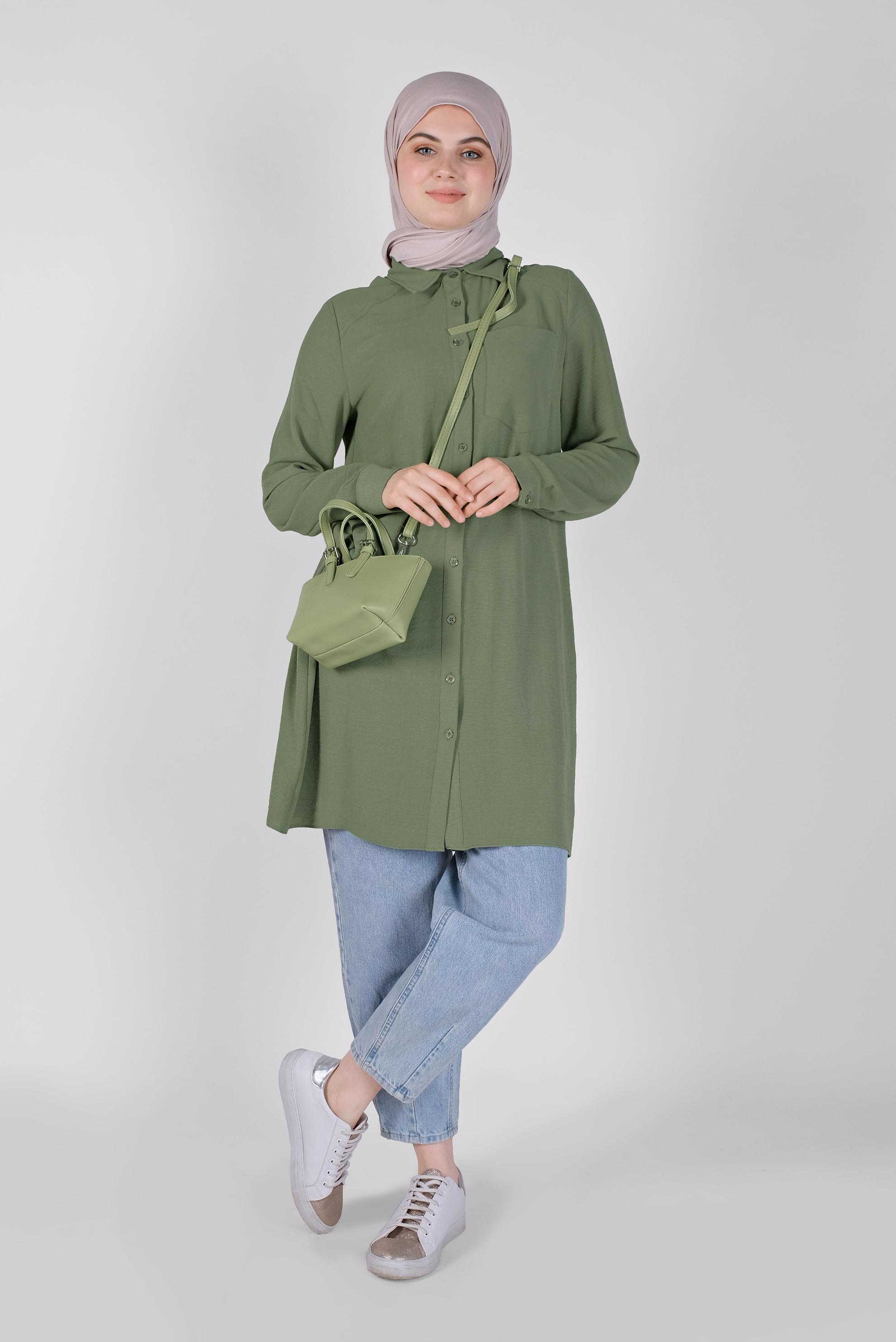 Tesettür giyim HAKİ BOYDAN DÜĞMELİ CEPLİ TUNİK 41616 