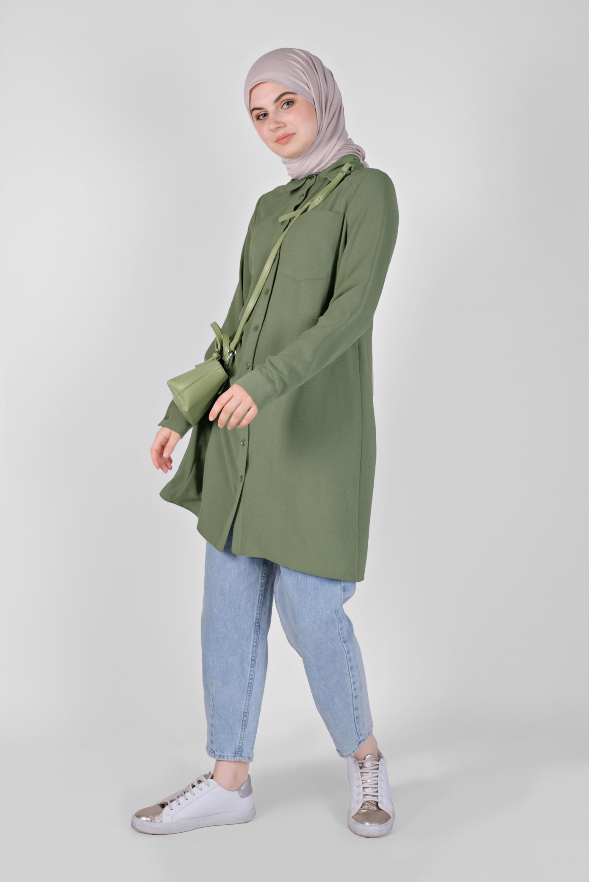 Tesettür giyim HAKİ BOYDAN DÜĞMELİ CEPLİ TUNİK 41616 