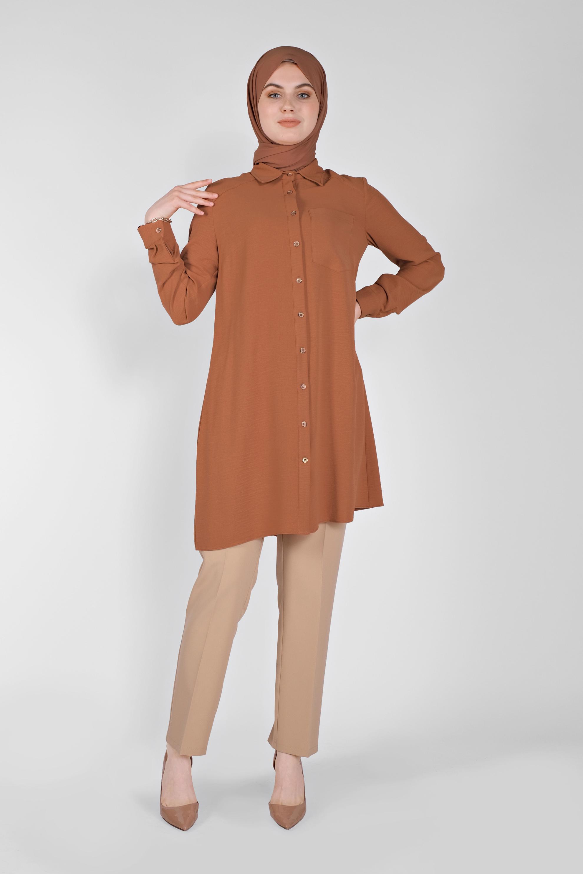 Tesettür giyim TABA BOYDAN DÜĞMELİ CEPLİ TUNİK 41616 