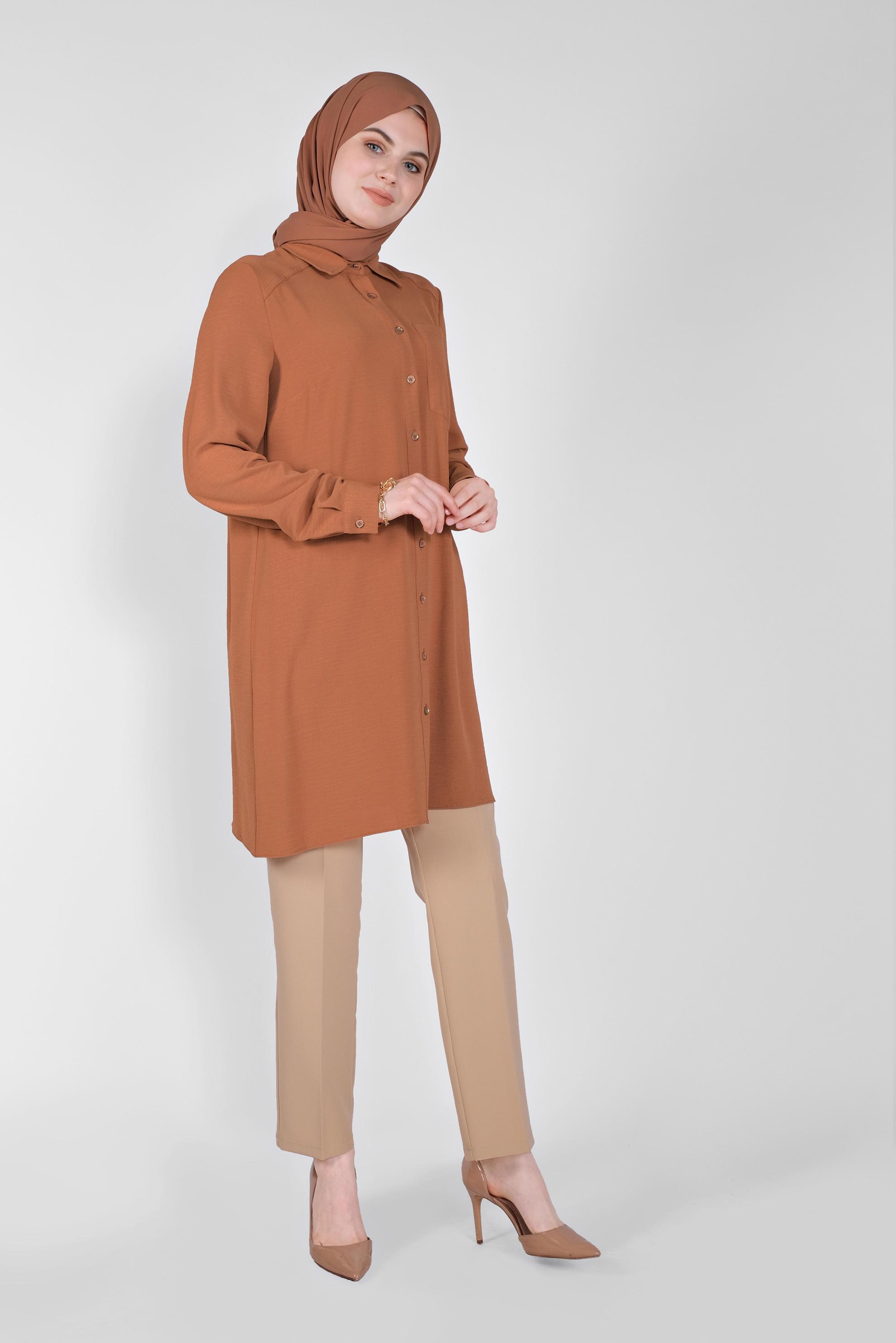 Tesettür giyim TABA BOYDAN DÜĞMELİ CEPLİ TUNİK 41616 