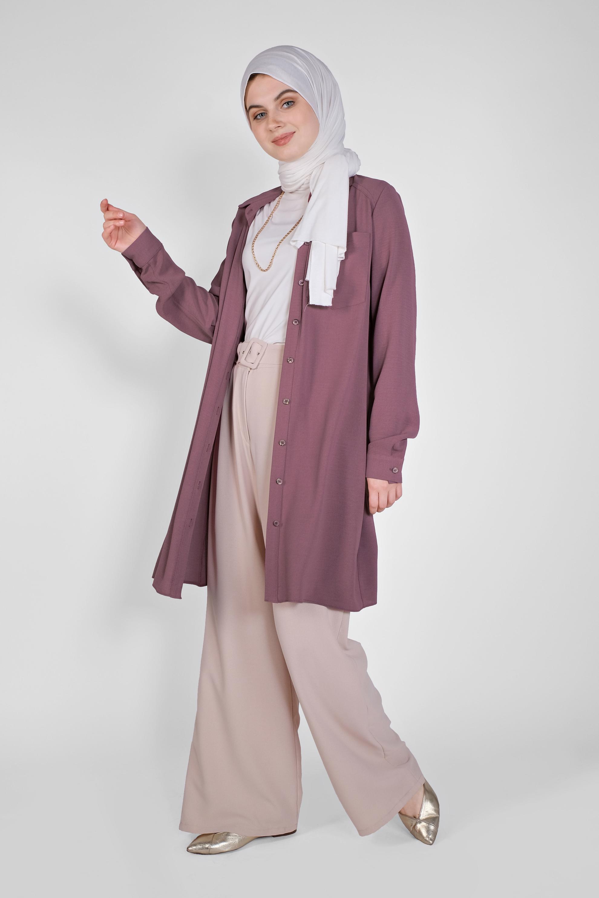 Tesettür giyim MOR BOYDAN DÜĞMELİ CEPLİ TUNİK 41616 