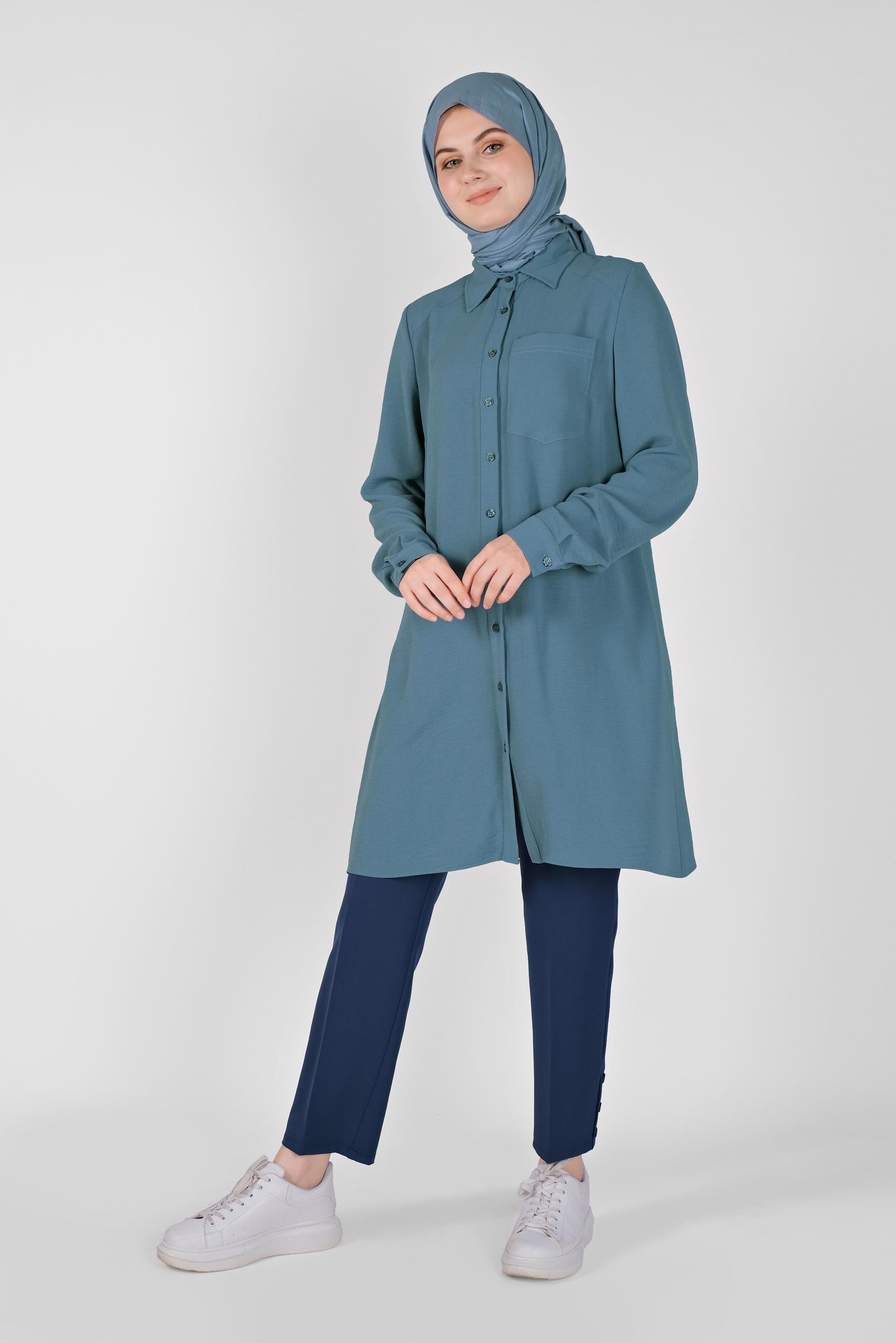 Tesettür giyim MAVİ BOYDAN DÜĞMELİ CEPLİ TUNİK 41616 