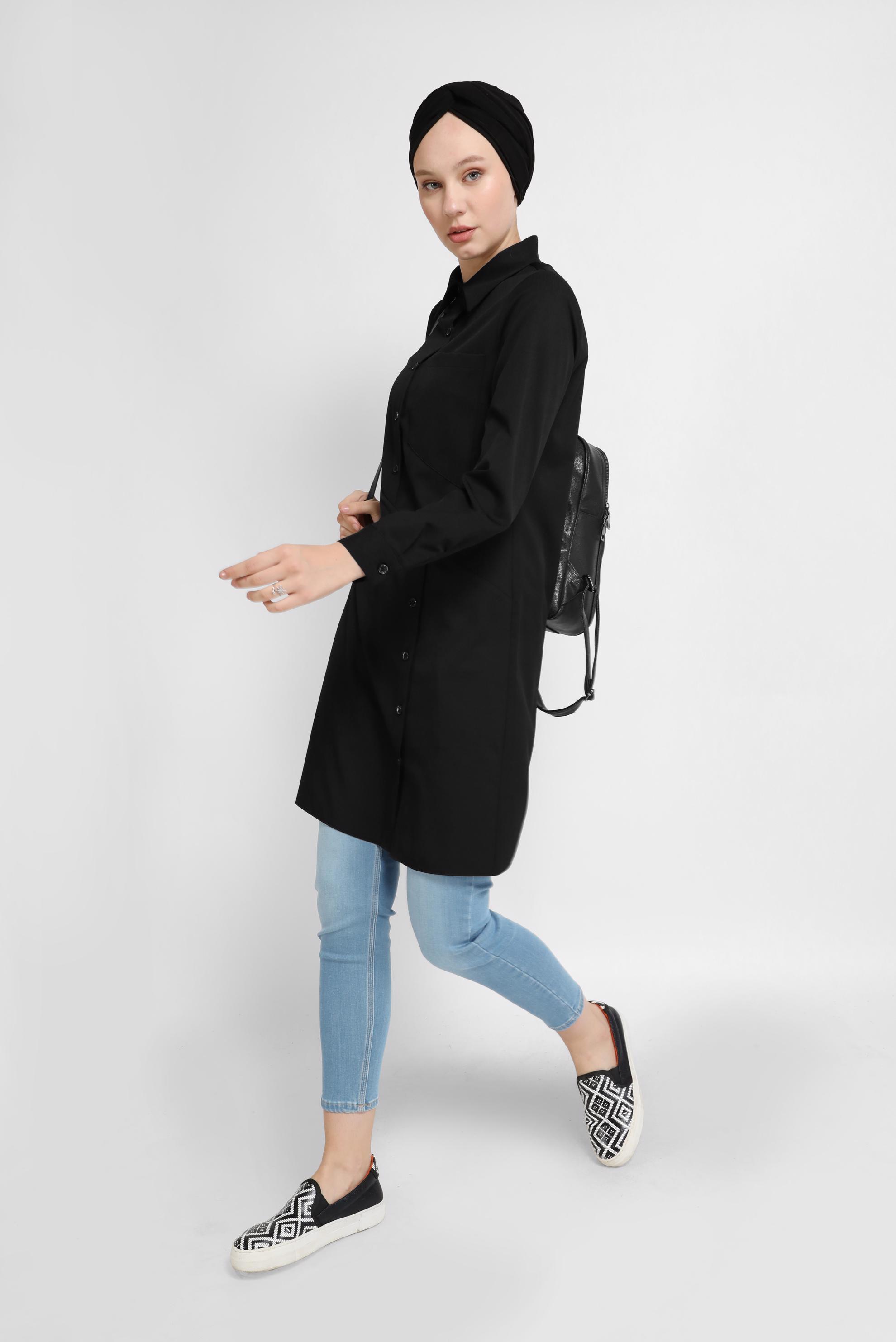 Tesettür giyim SİYAH DÜĞME DETAYLI TUNİK 41625 