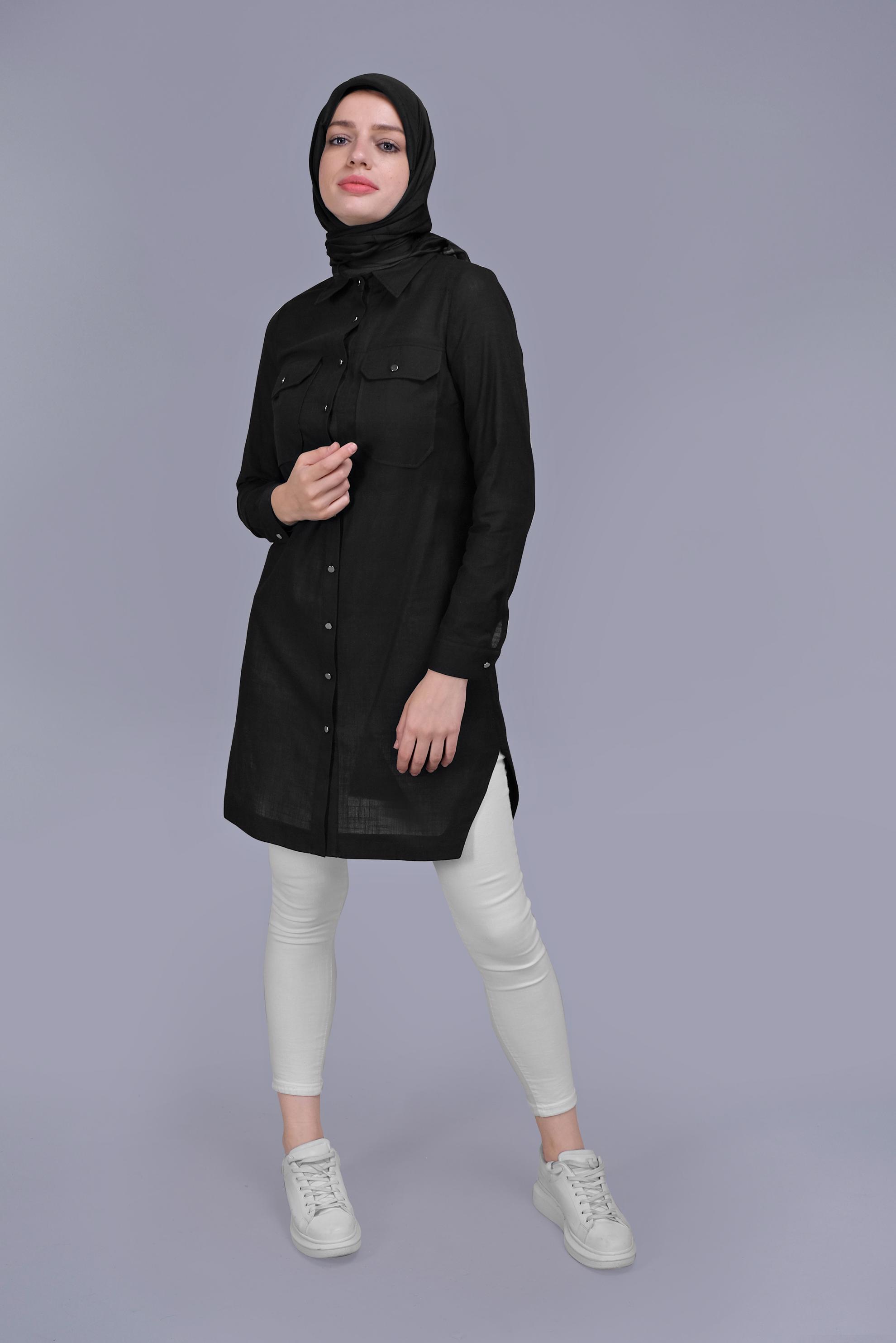 Tesettür giyim SİYAH PAMUKLU CEPLİ BOYDAN TUNİK 41626 