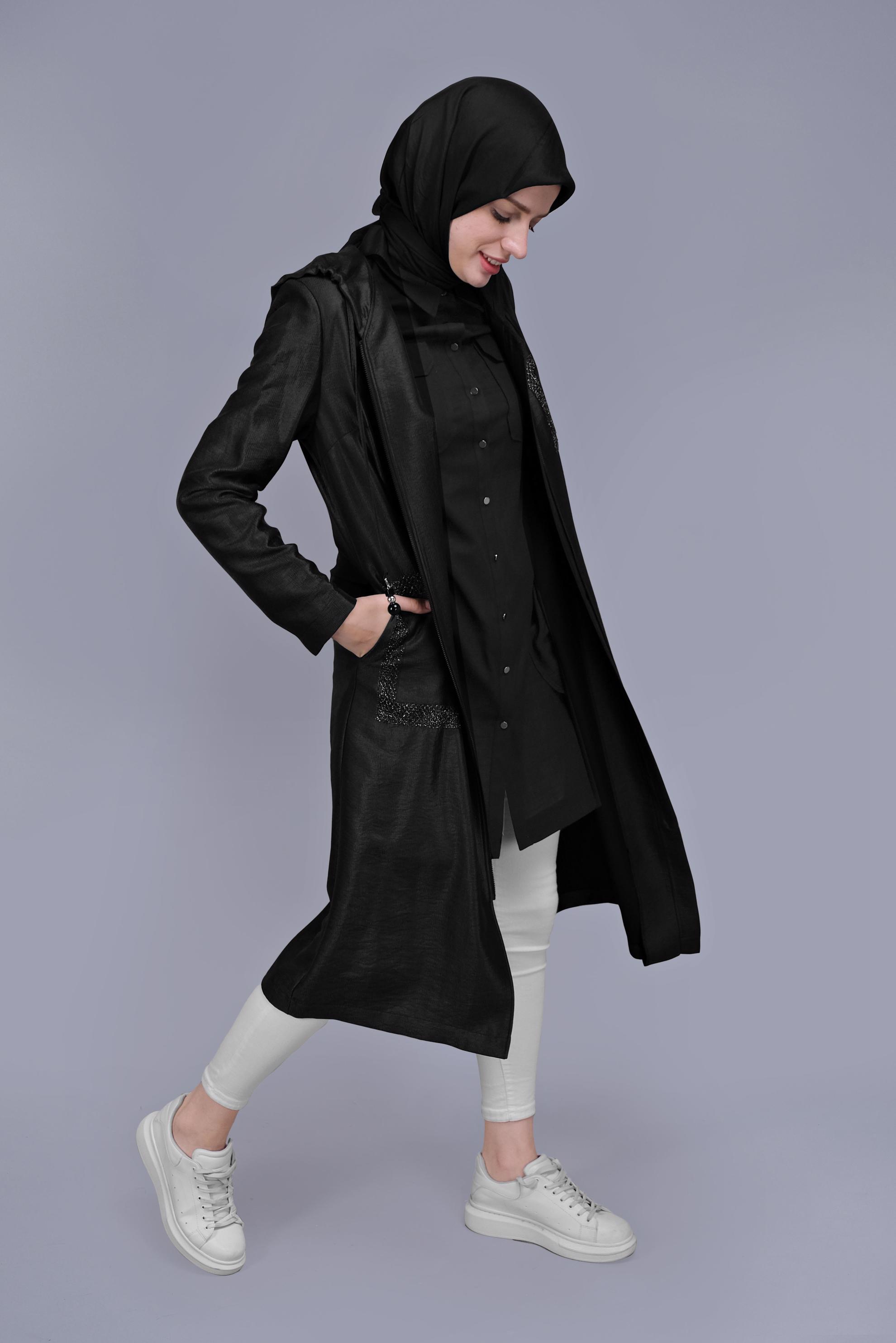 Tesettür giyim SİYAH PAMUKLU CEPLİ BOYDAN TUNİK 41626 
