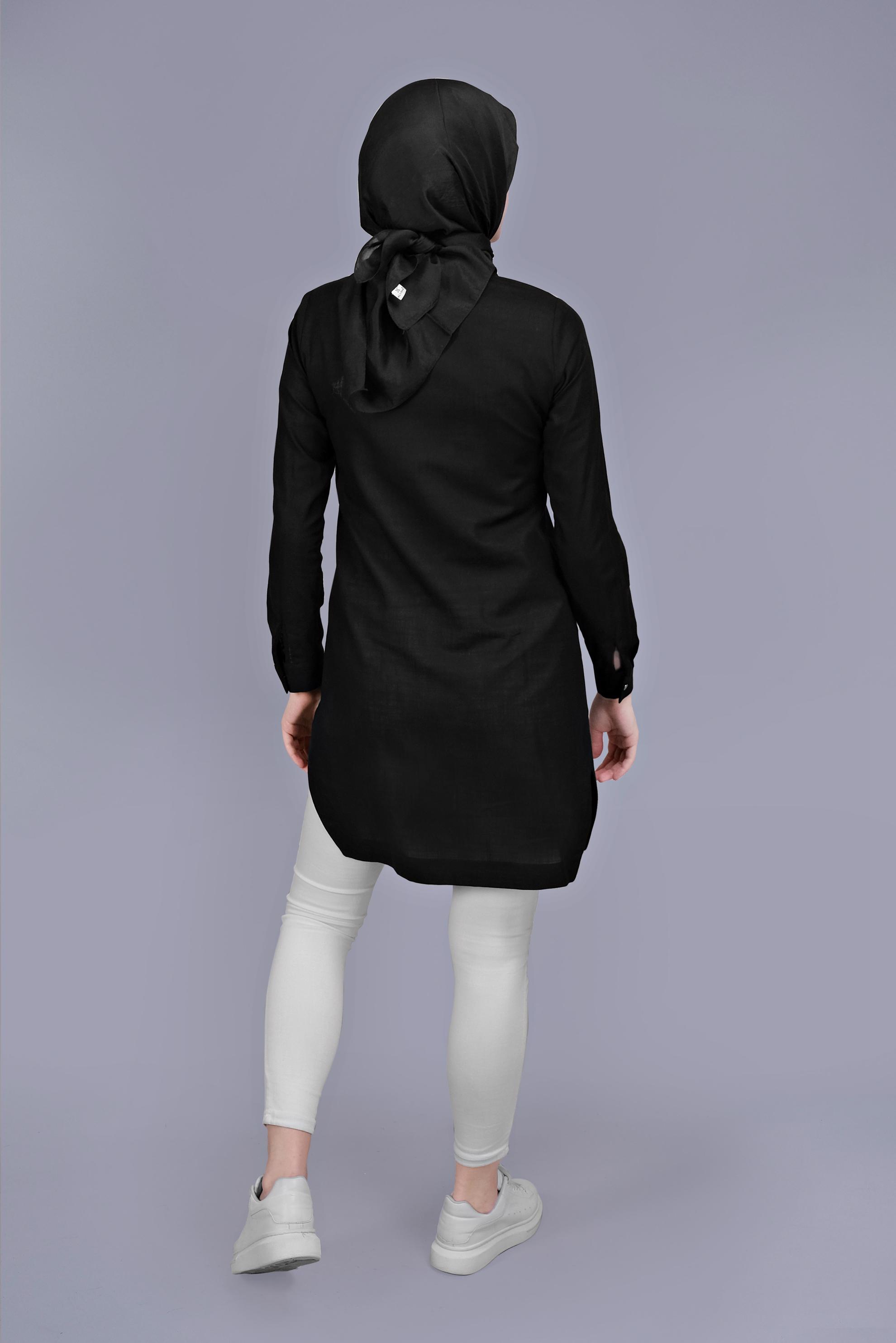 Tesettür giyim SİYAH PAMUKLU CEPLİ BOYDAN TUNİK 41626 