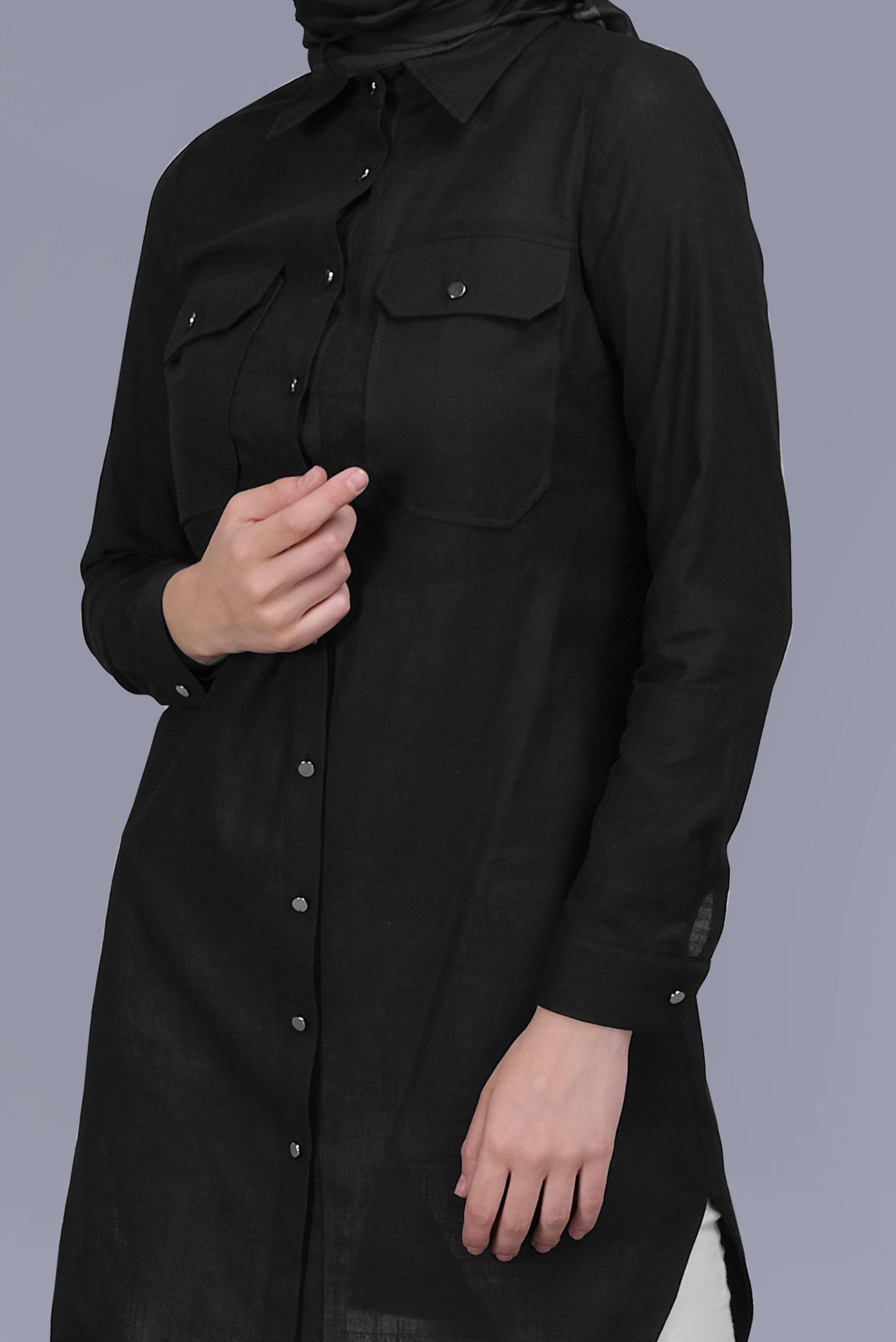 Tesettür giyim SİYAH PAMUKLU CEPLİ BOYDAN TUNİK 41626 