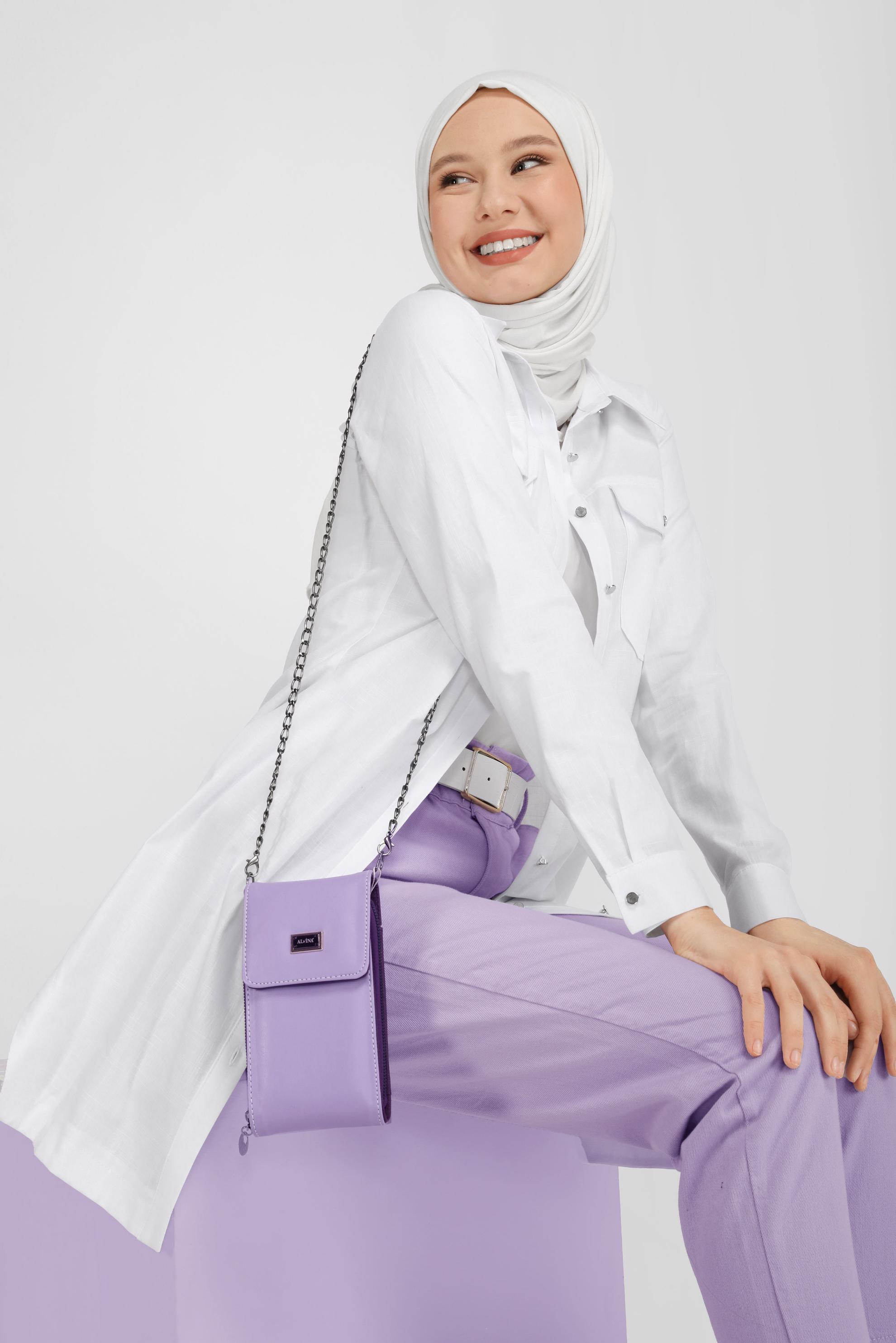 Tesettür giyim BEYAZ PAMUKLU CEPLİ BOYDAN TUNİK 41626 