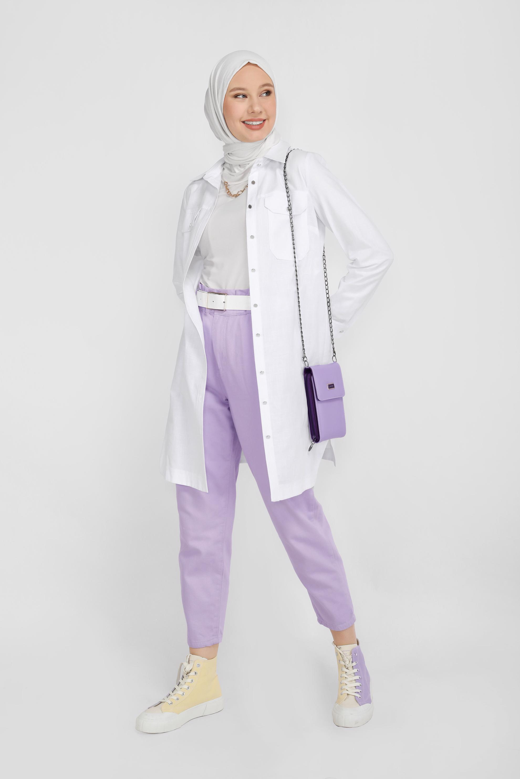 Tesettür giyim BEYAZ PAMUKLU CEPLİ BOYDAN TUNİK 41626 