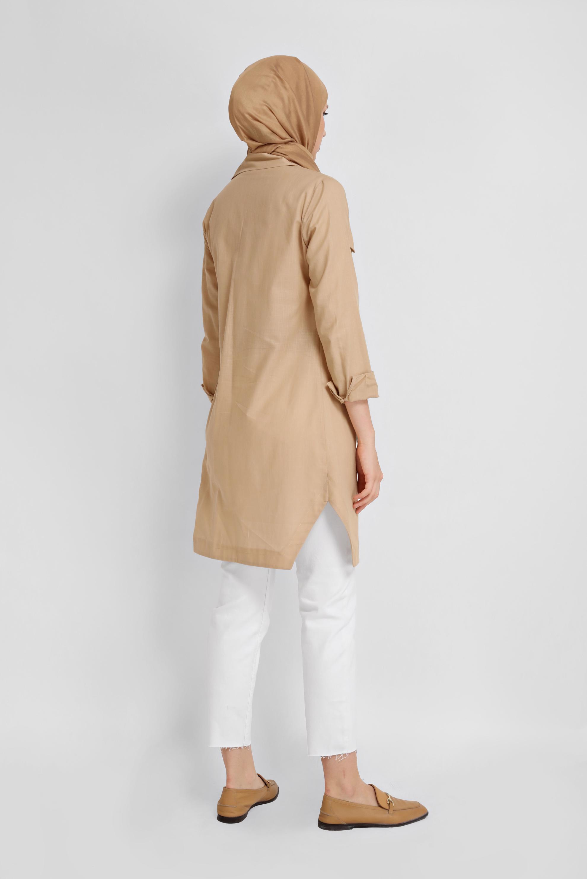 Tesettür giyim BEJ PAMUKLU CEPLİ BOYDAN TUNİK 41626 