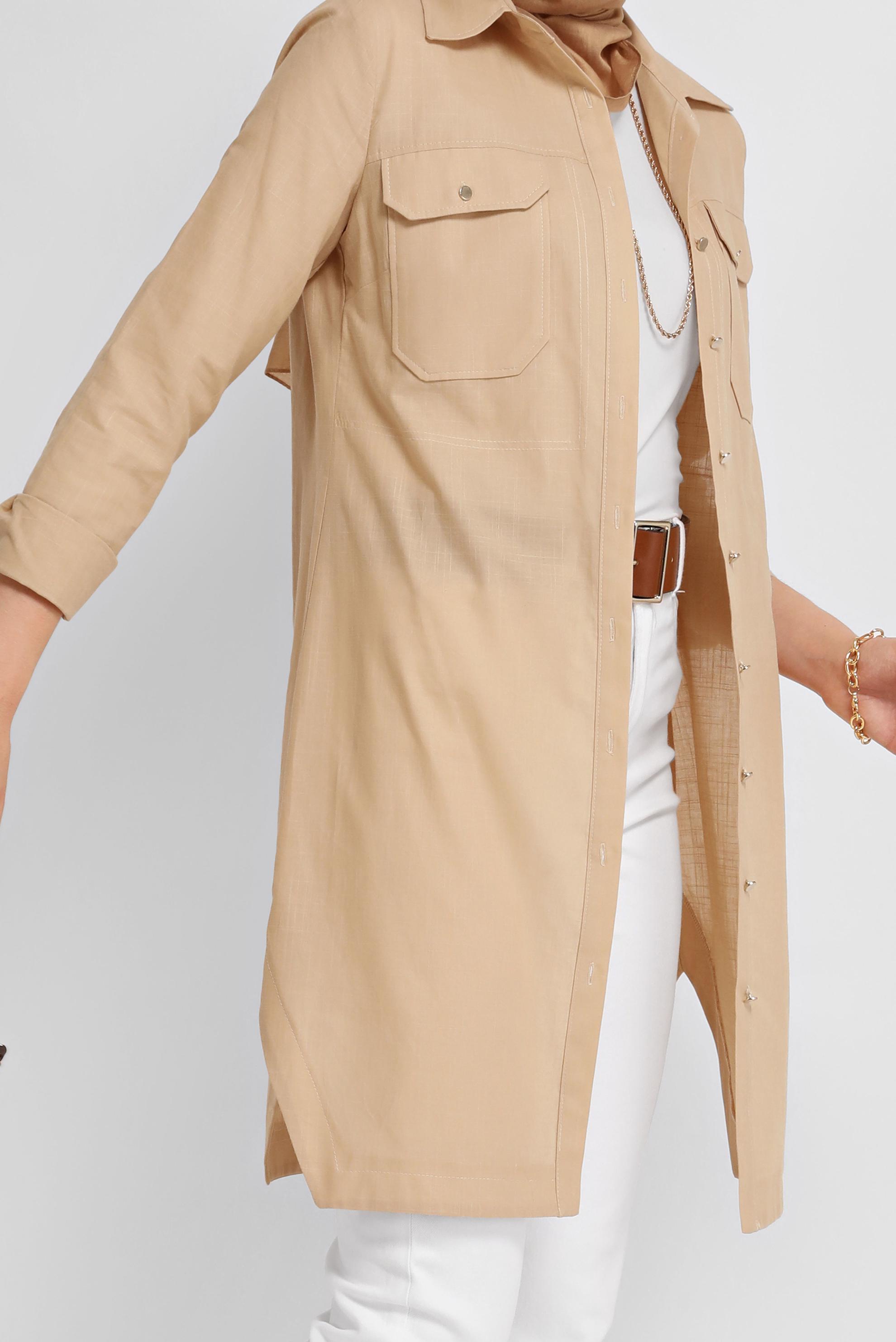 Tesettür giyim BEJ PAMUKLU CEPLİ BOYDAN TUNİK 41626 