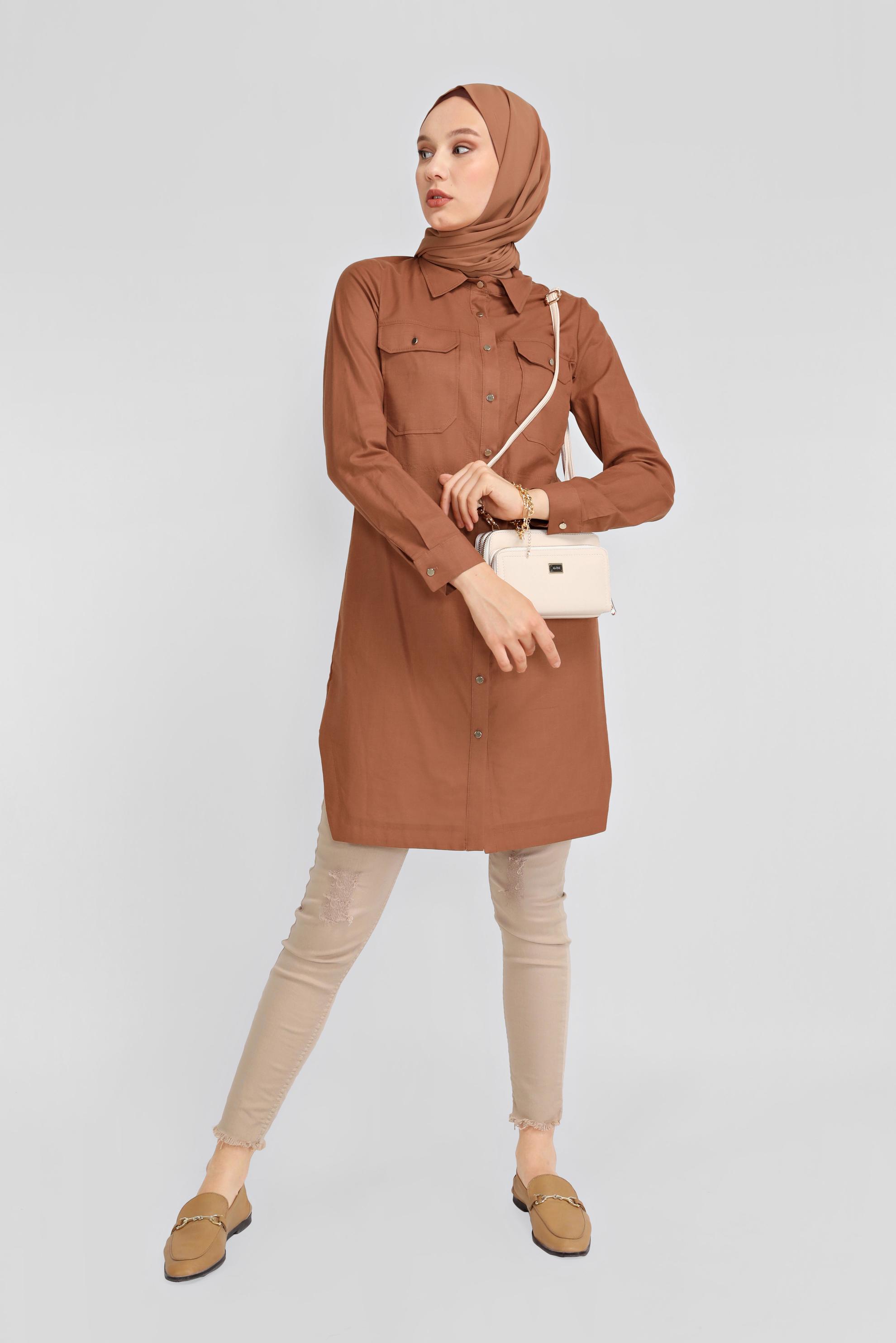 Tesettür giyim TABA PAMUKLU CEPLİ BOYDAN TUNİK 41626 