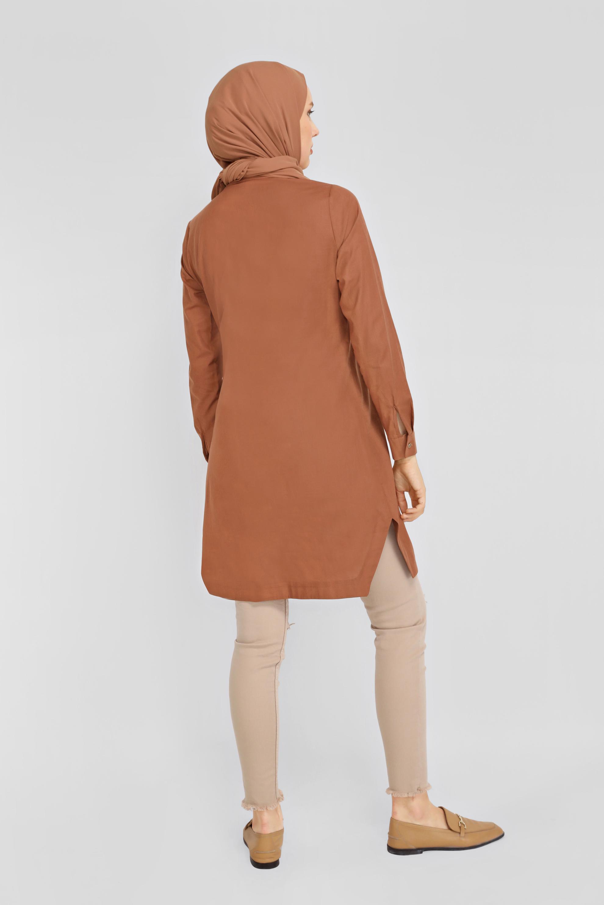 Tesettür giyim TABA PAMUKLU CEPLİ BOYDAN TUNİK 41626 