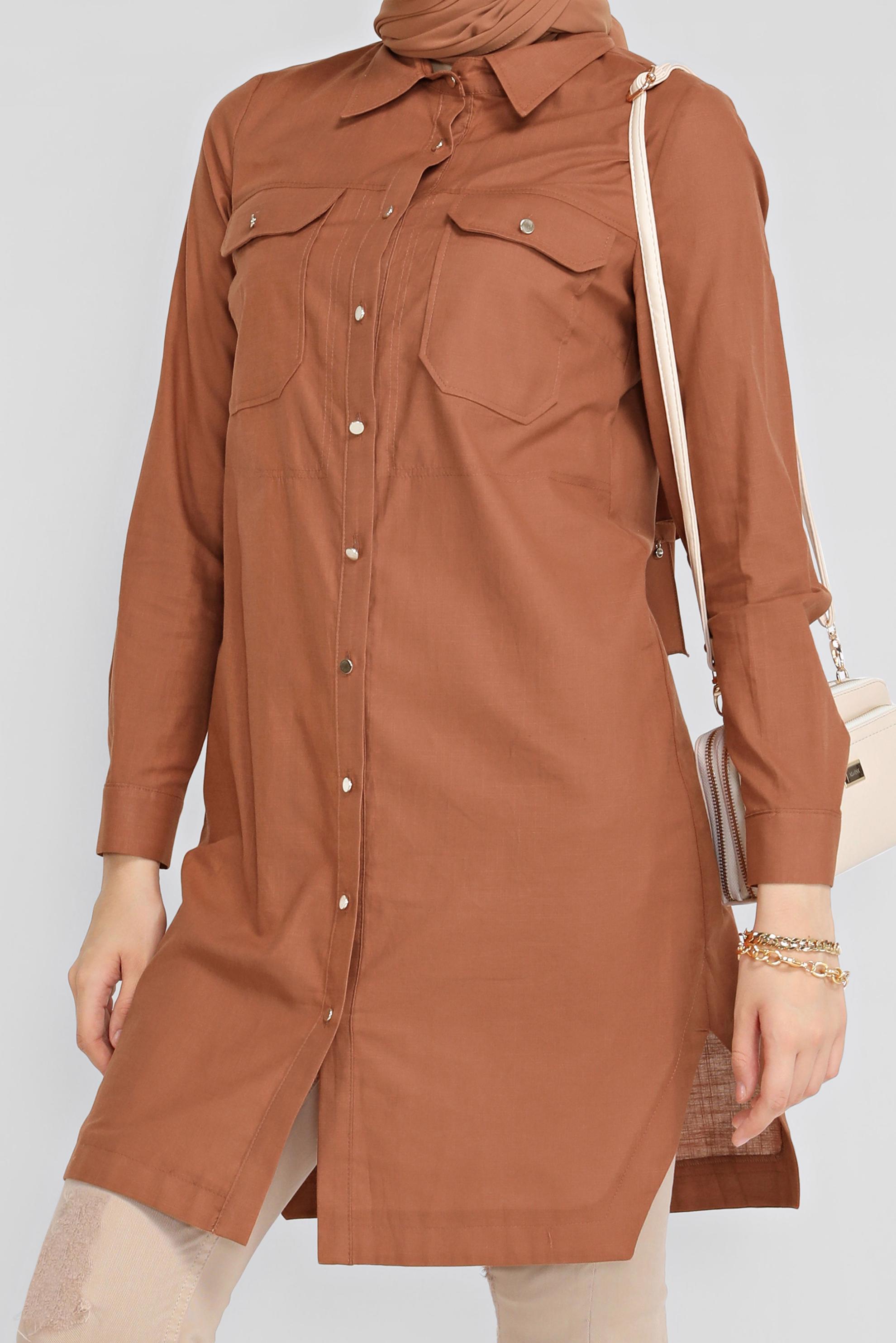 Tesettür giyim TABA PAMUKLU CEPLİ BOYDAN TUNİK 41626 