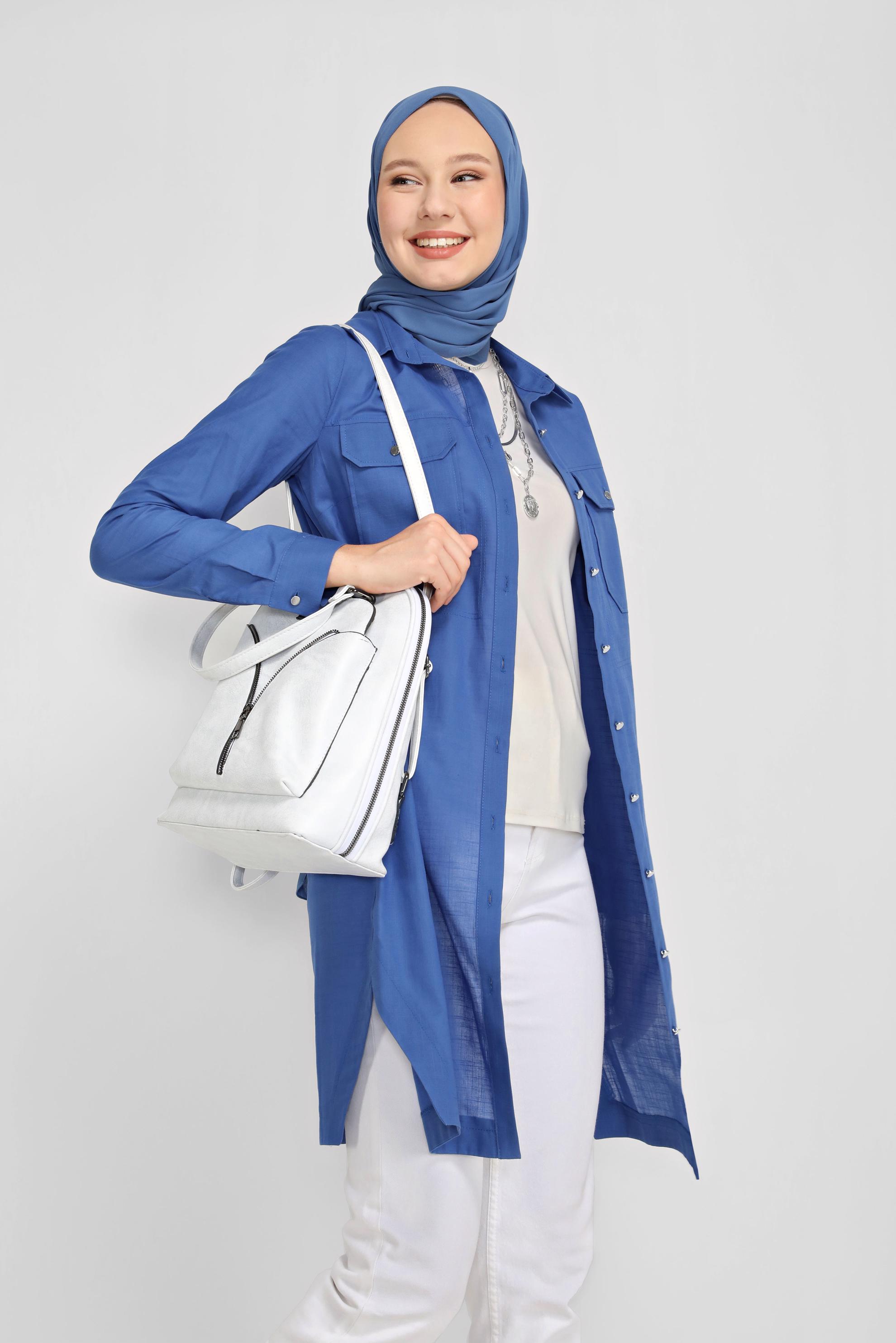 Tesettür giyim LACİVERT PAMUKLU CEPLİ BOYDAN TUNİK 41626 